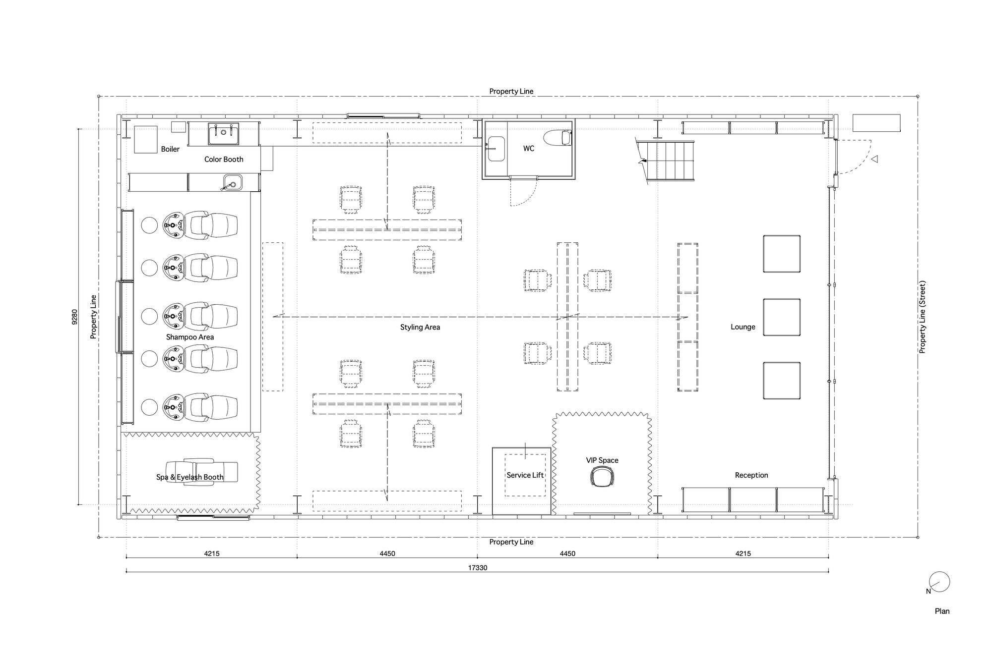 Floor plan showing shampoo area with five styling stations, lounge, and reception arranged around central services