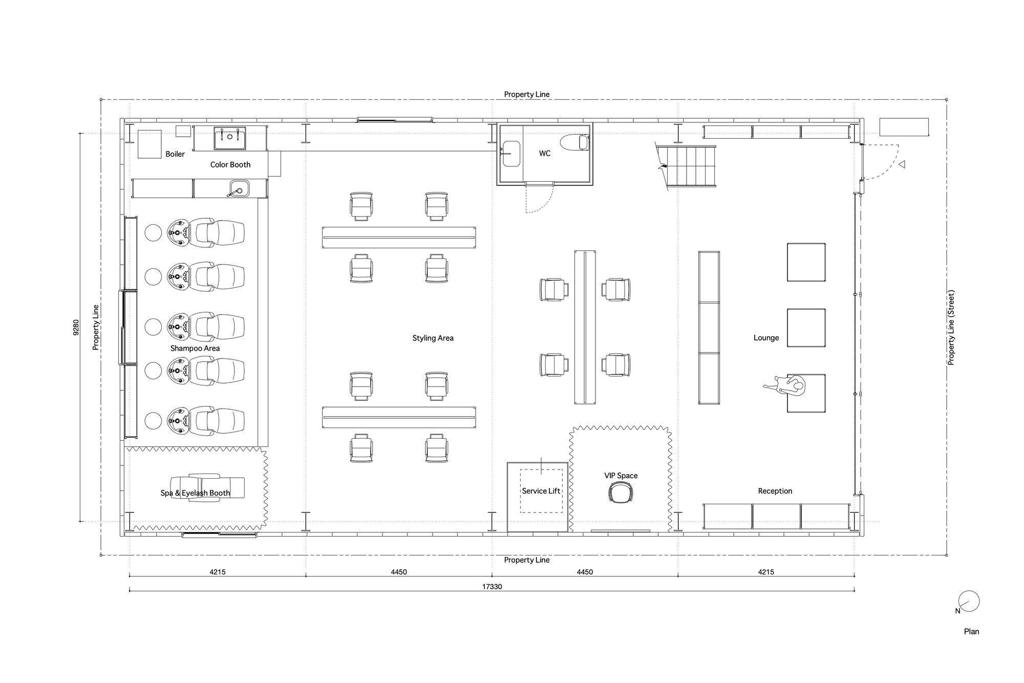 Floor plan showing styling area with paired seating stations and elongated service counter along the center