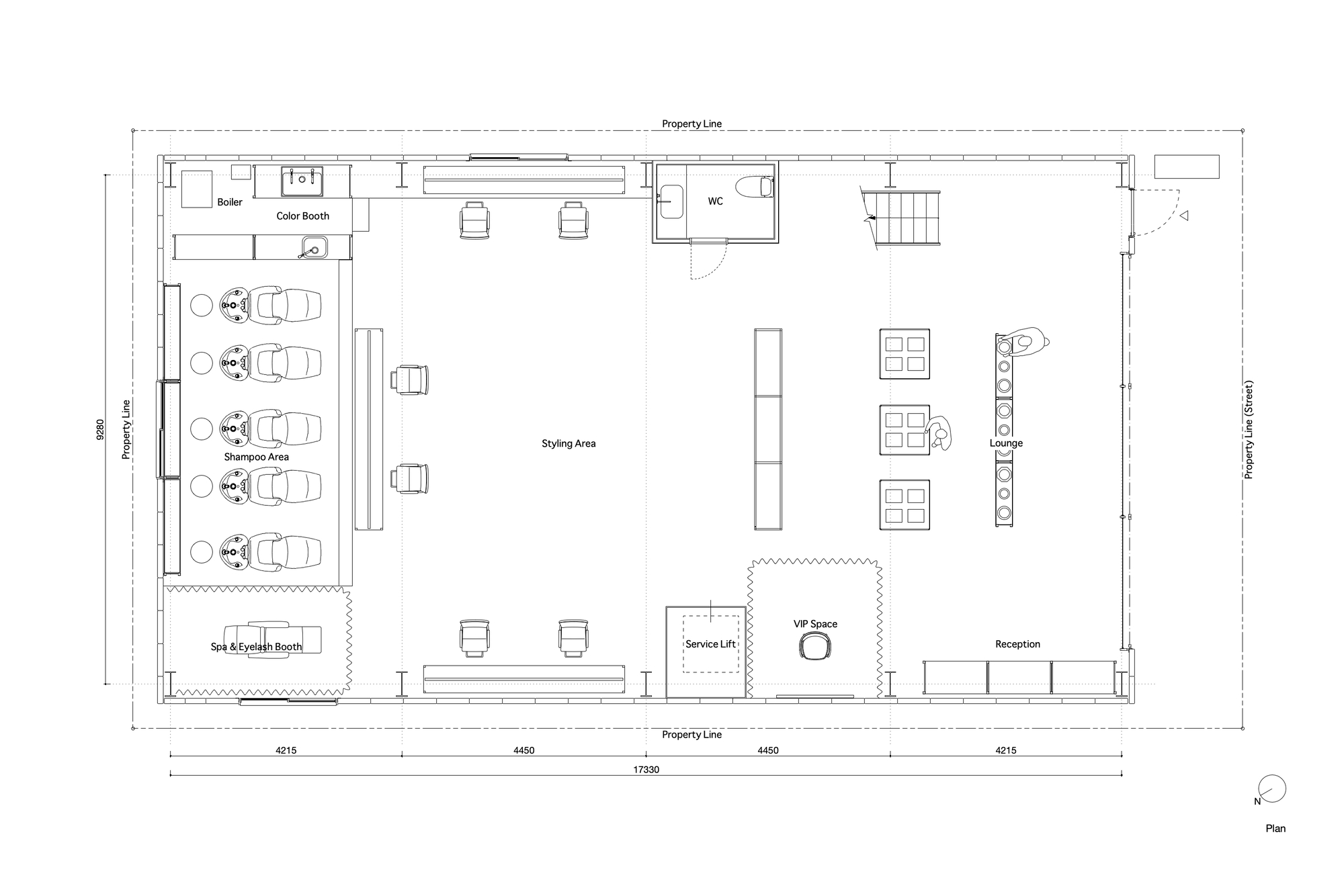 Floor plan showing styling area with scattered workstations and product display tables near the lounge zone