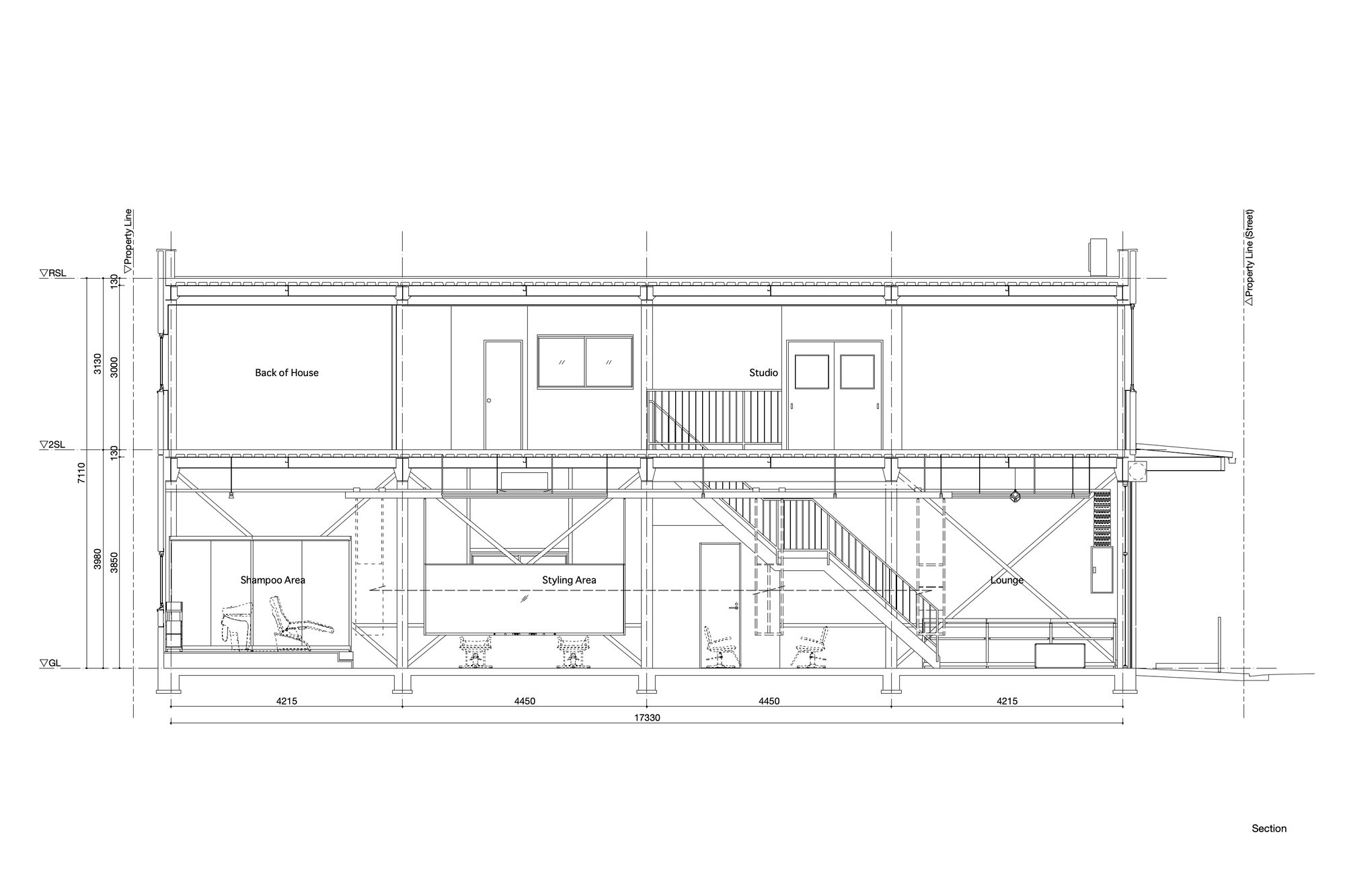 Section drawing showing two-story interior with central staircase connecting shampoo area below to back of house above
