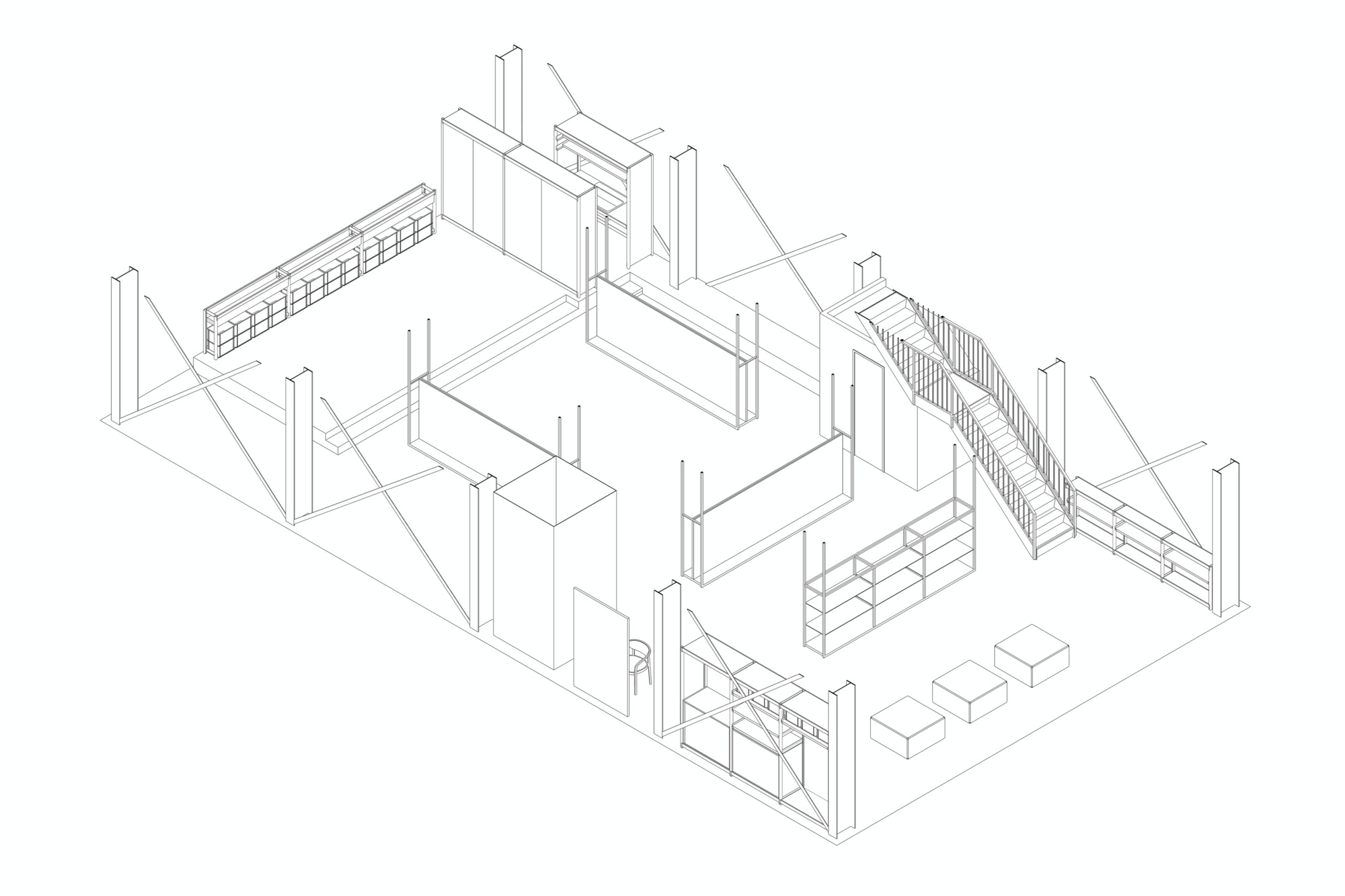 Axonometric drawing showing structural frame with staircase, partition walls, and service counter in skeletal view