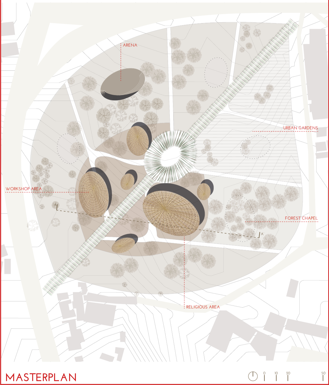 A masterplan shaped by nature, where bamboo pathways and seed-inspired forms create a sustainable spiritual landscape.