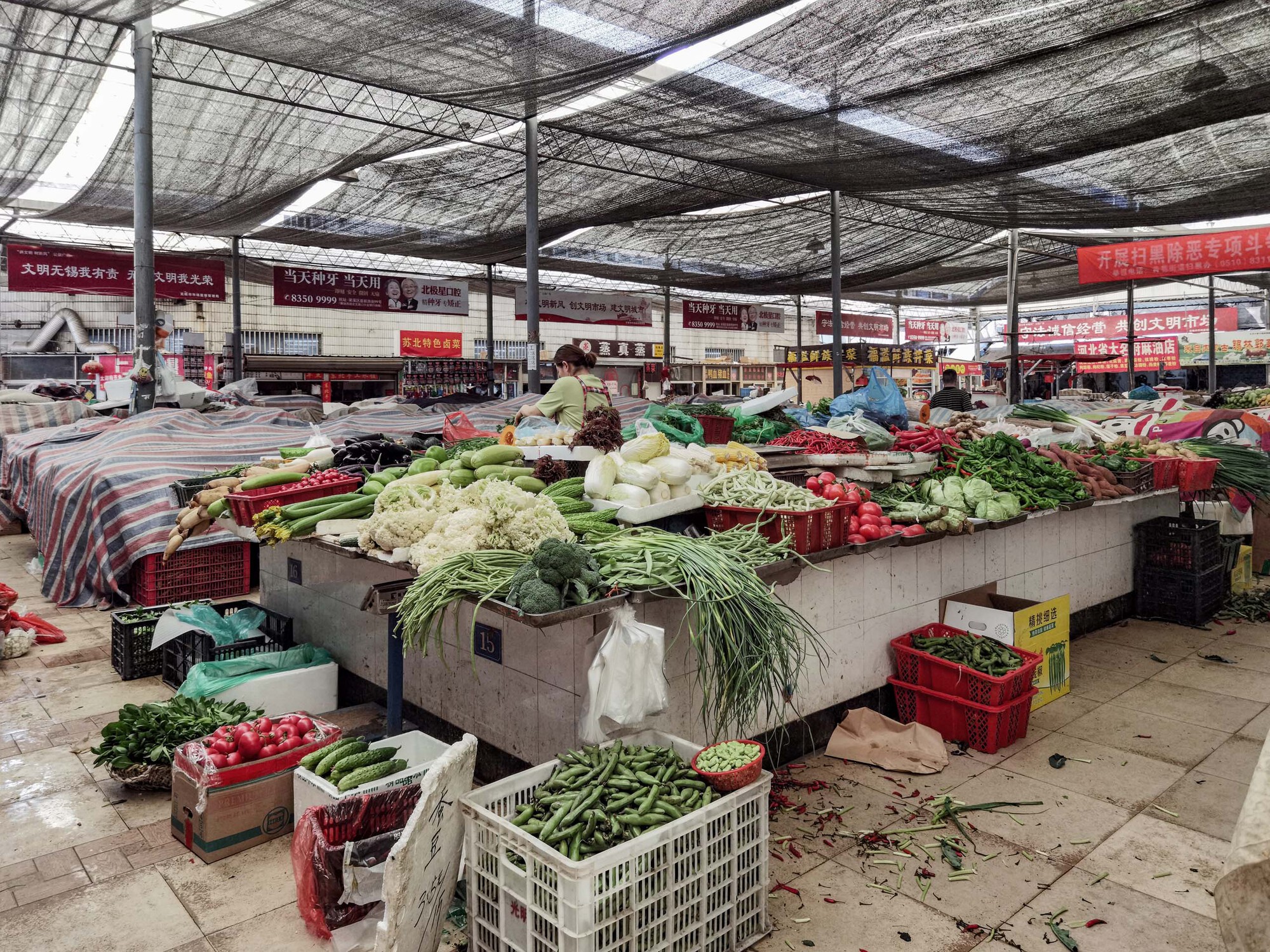 Interior market hall with metal frame canopy structure over produce stands displaying fresh vegetables