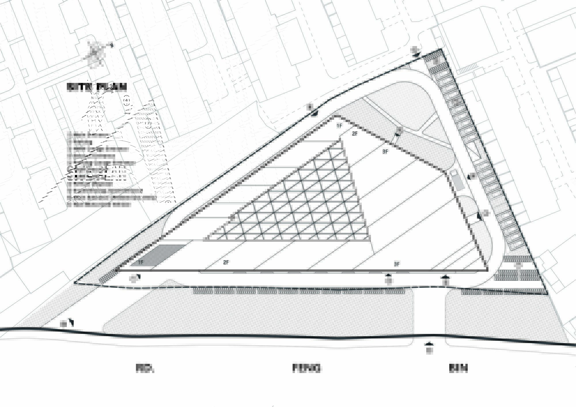 Site plan drawing showing a triangular building footprint with latticed skylight zone and parking areas