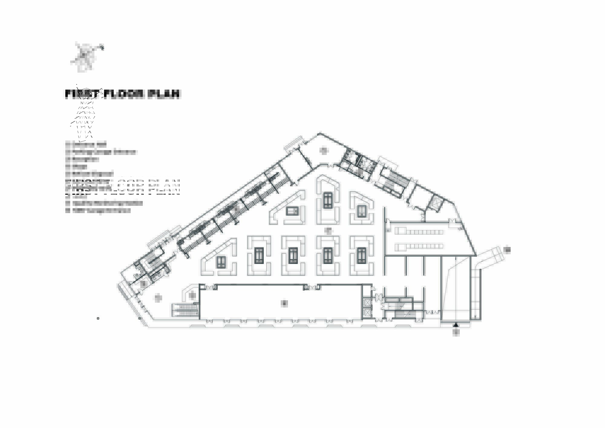 First floor plan drawing showing market stalls arranged around a central hall with support spaces