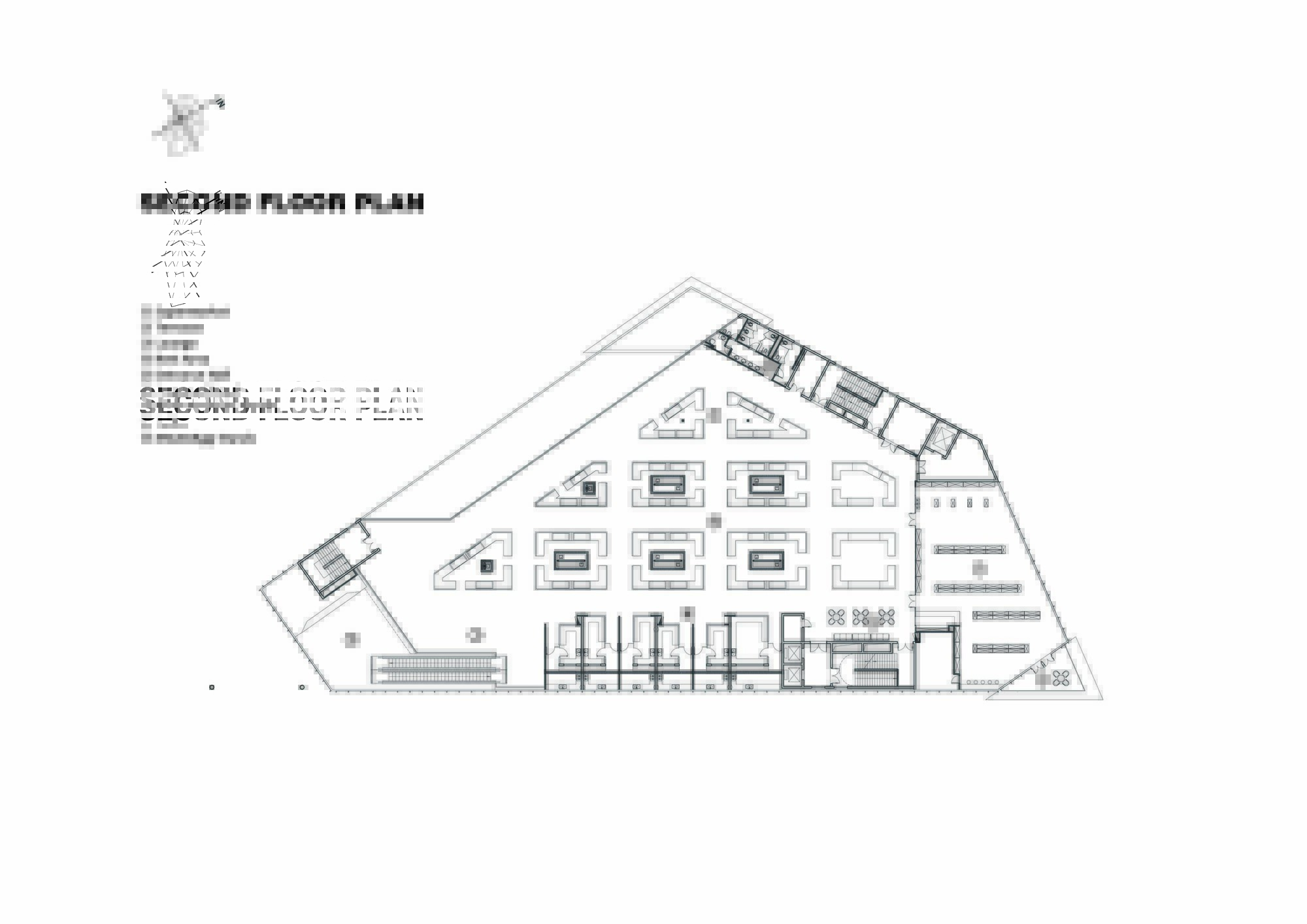 Second floor plan drawing showing retail and food areas distributed across the triangular footprint