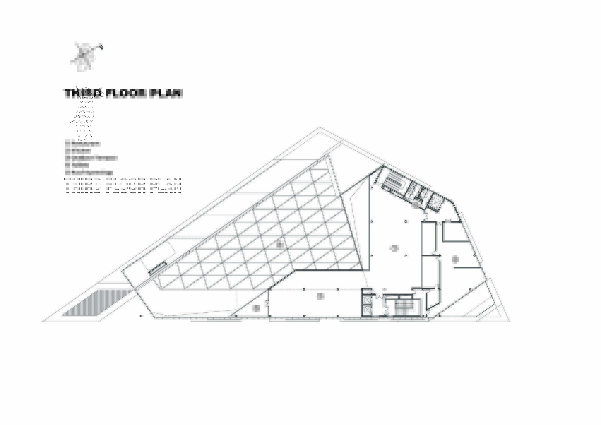 Third floor plan drawing showing dining spaces and a large skylight zone in the upper level