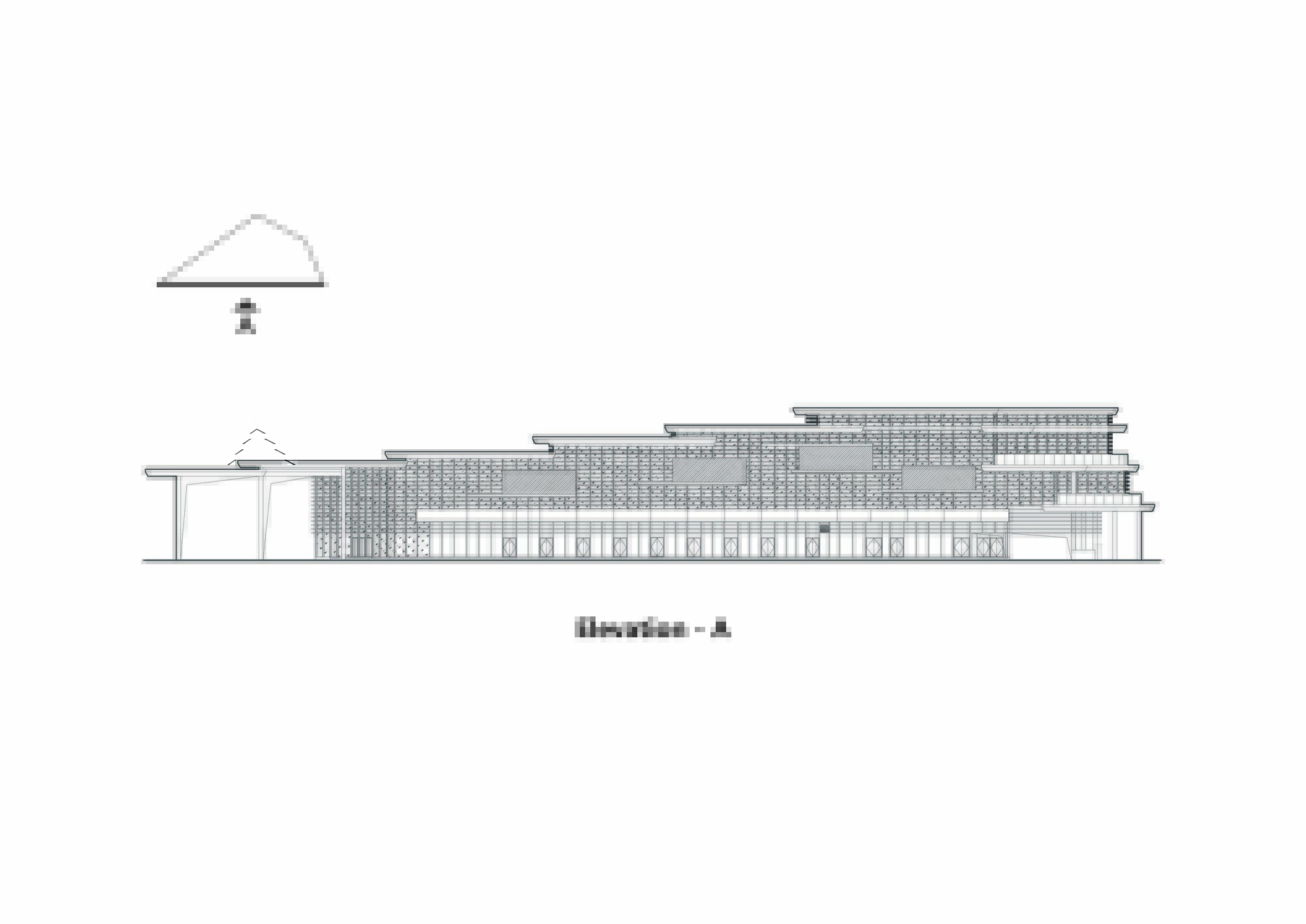 Elevation drawing showing the stepped terraced profile with screen facade and triangular roof form