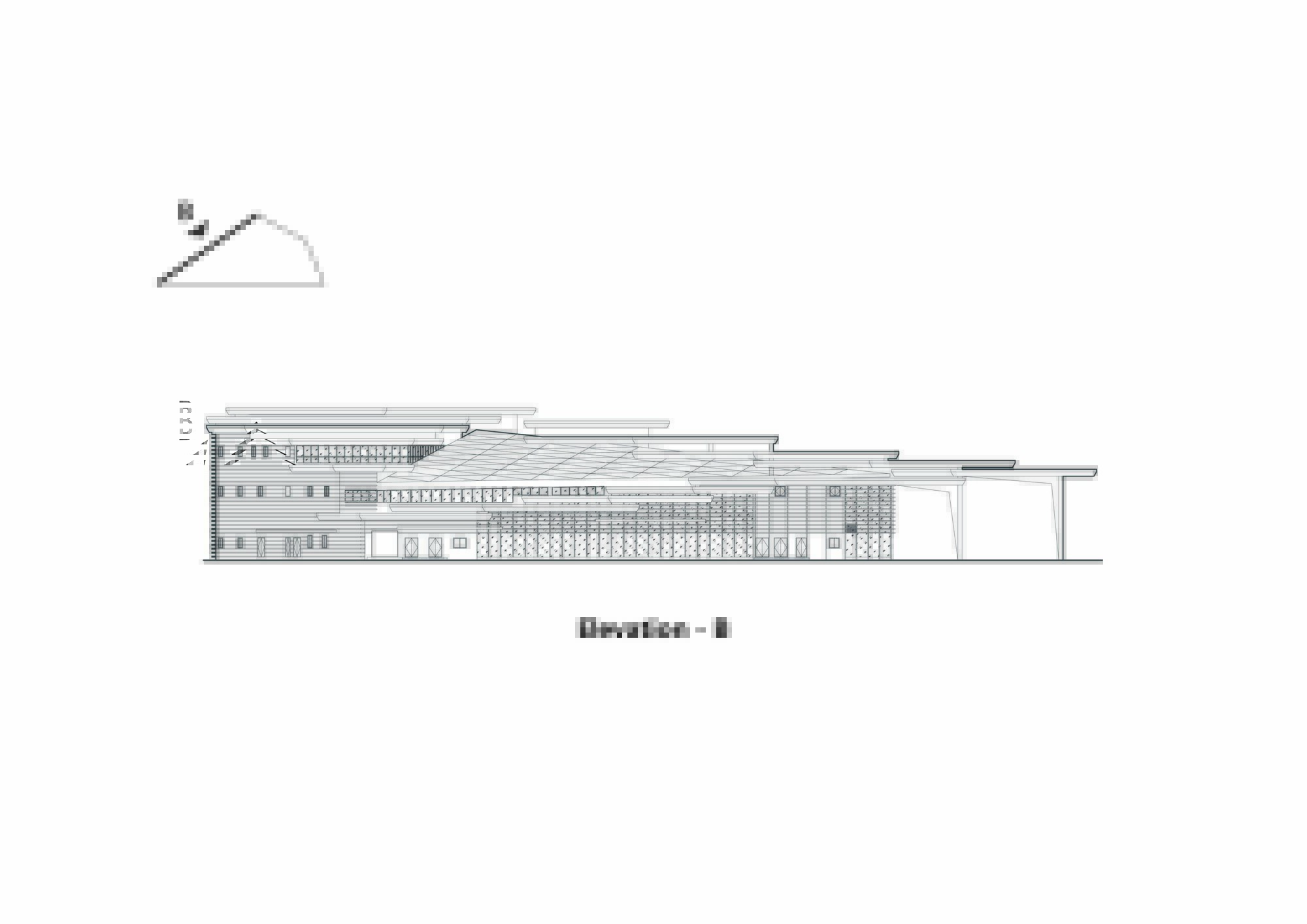Elevation drawing showing a horizontal multi-story building with stepped rooflines and varied fenestration patterns