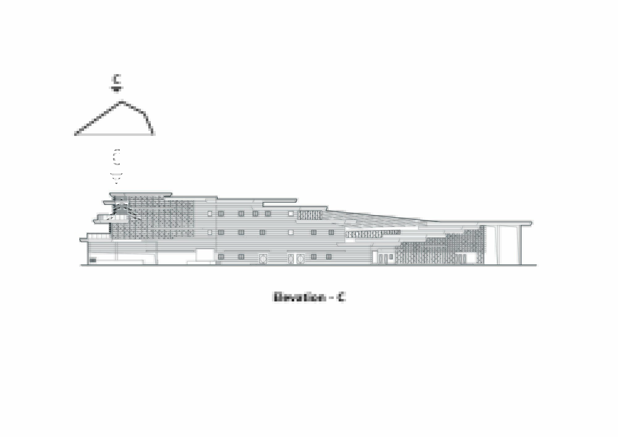Elevation drawing depicting a terraced structure with cascading volumes and gridded window openings