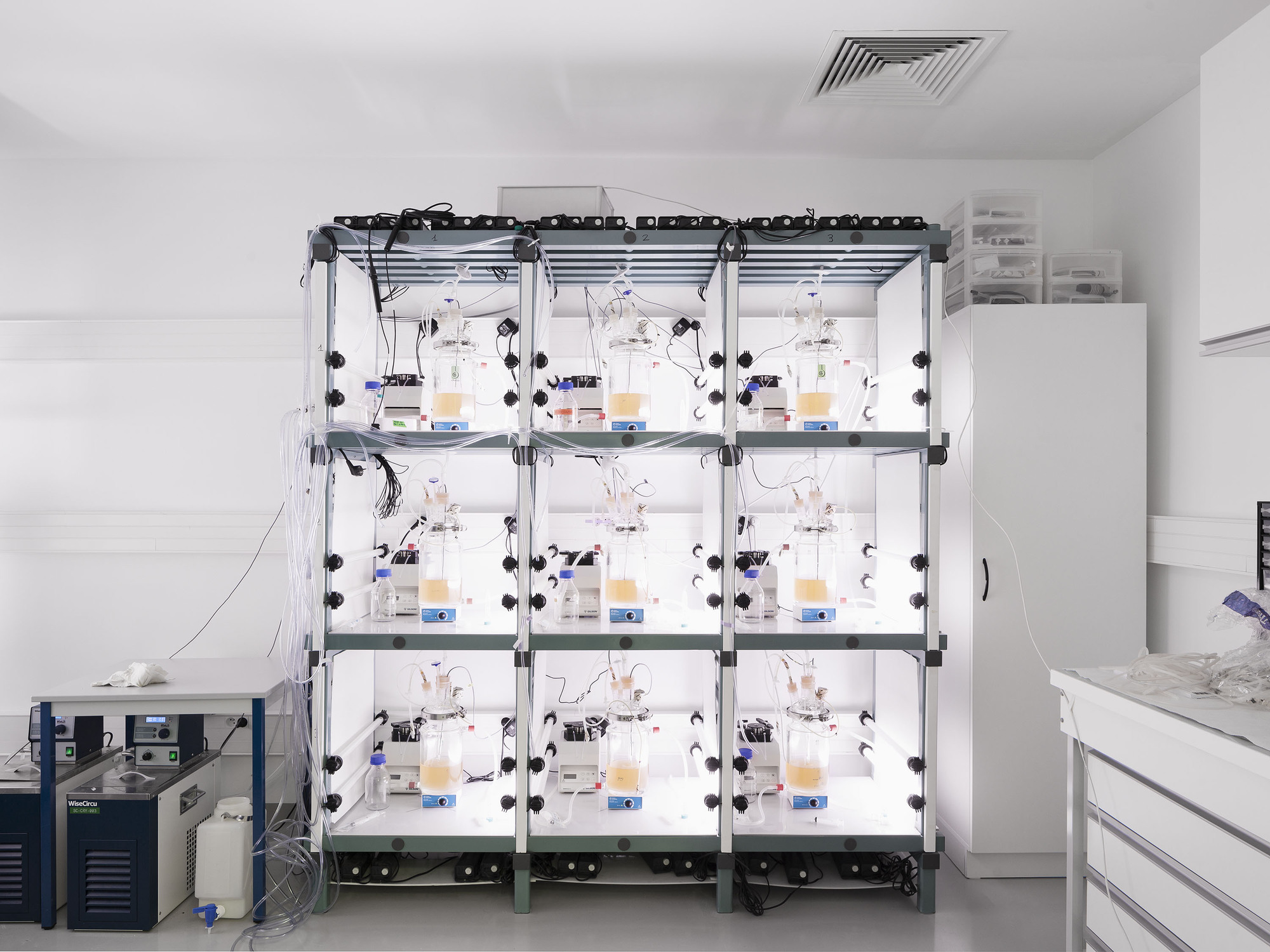 Laboratory wall fitted with a three-by-three grid of transparent modular chambers containing experimental equipment and tubing