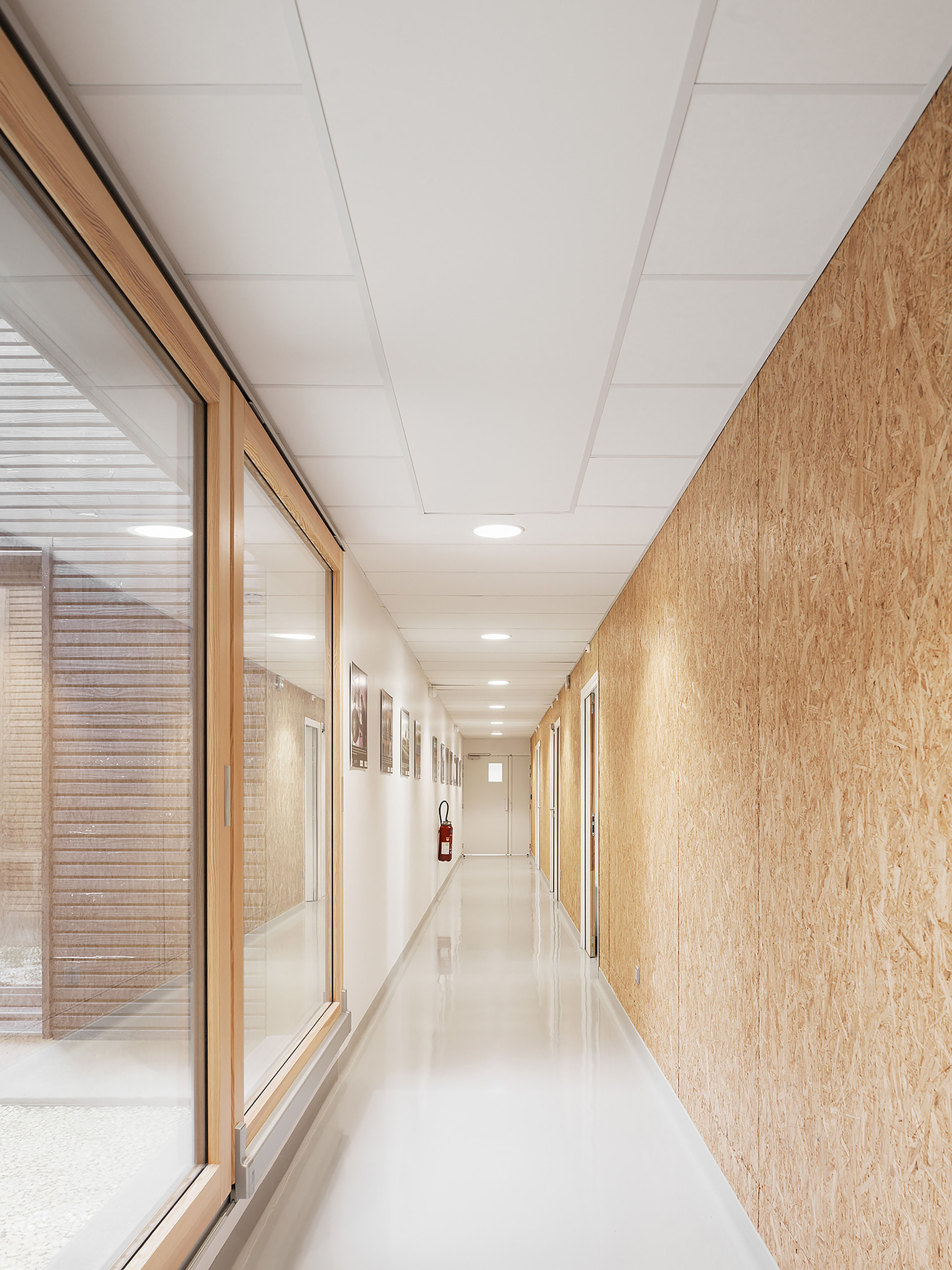 Long corridor with timber-framed glazing on one side and plywood paneling on the other beneath recessed ceiling panels