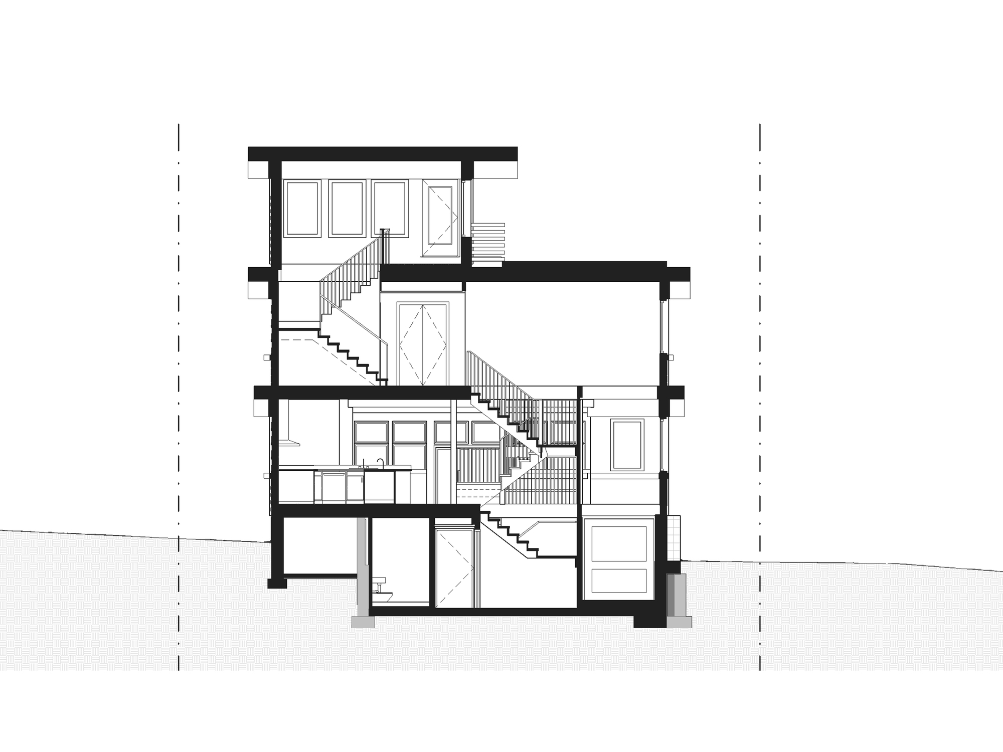 Section drawing showing a three-story structure with staircases connecting multiple levels and interior rooms