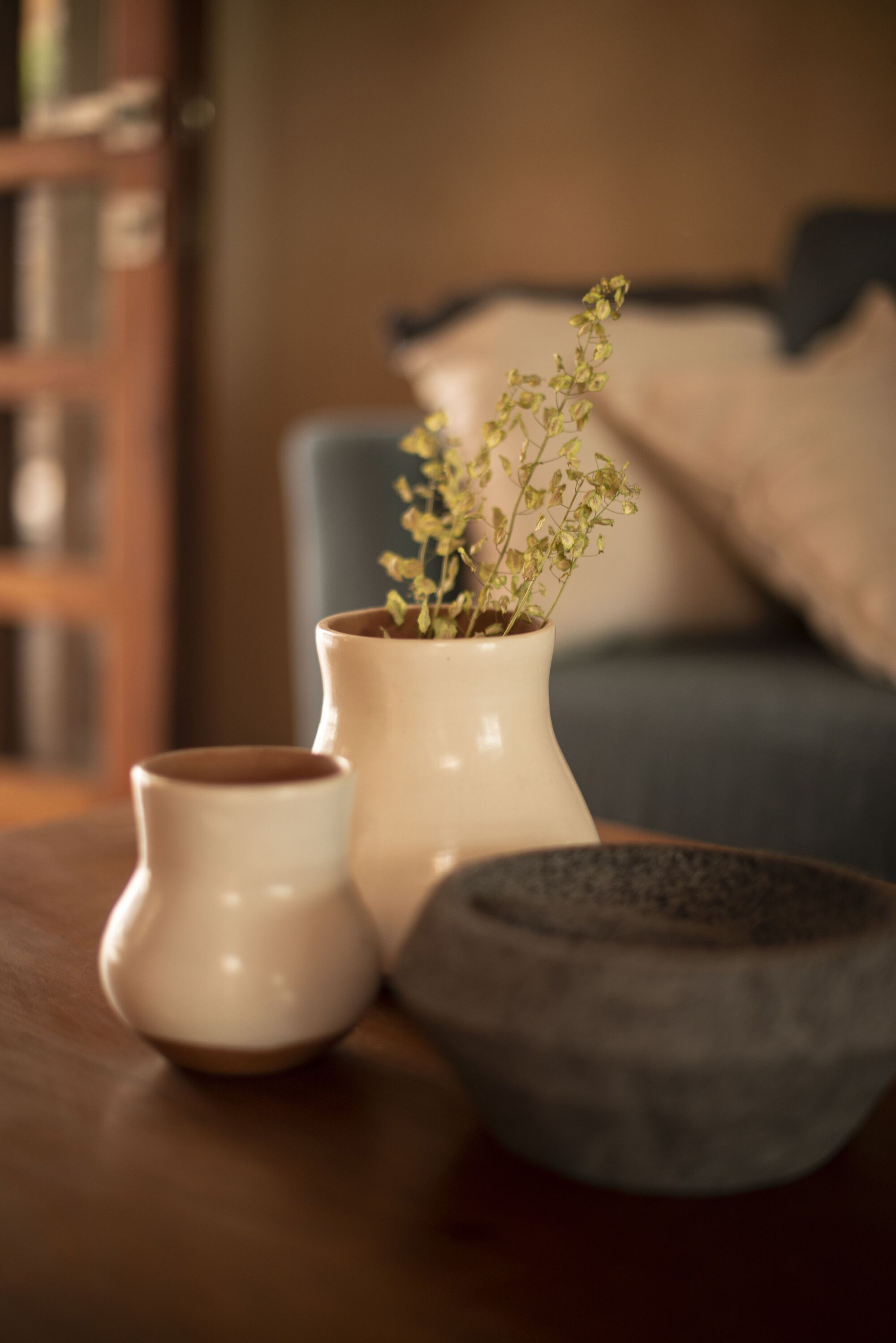 Close-up of ceramic vases with dried foliage on a tabletop in soft afternoon light