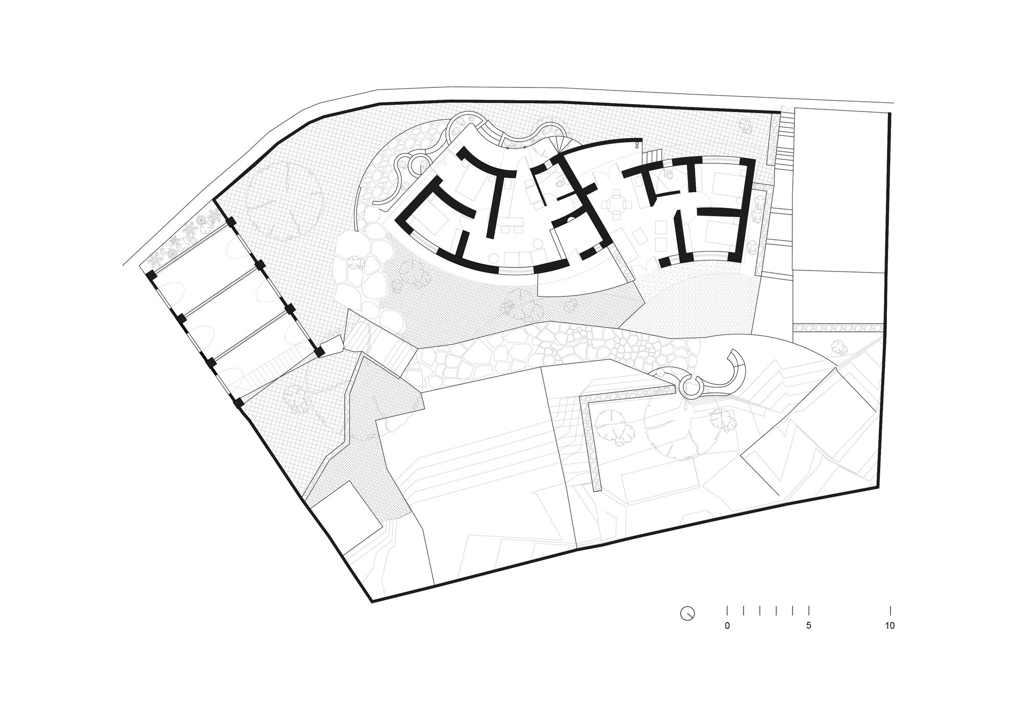 Site plan drawing showing curved building volumes around a central courtyard with planted areas and a pool