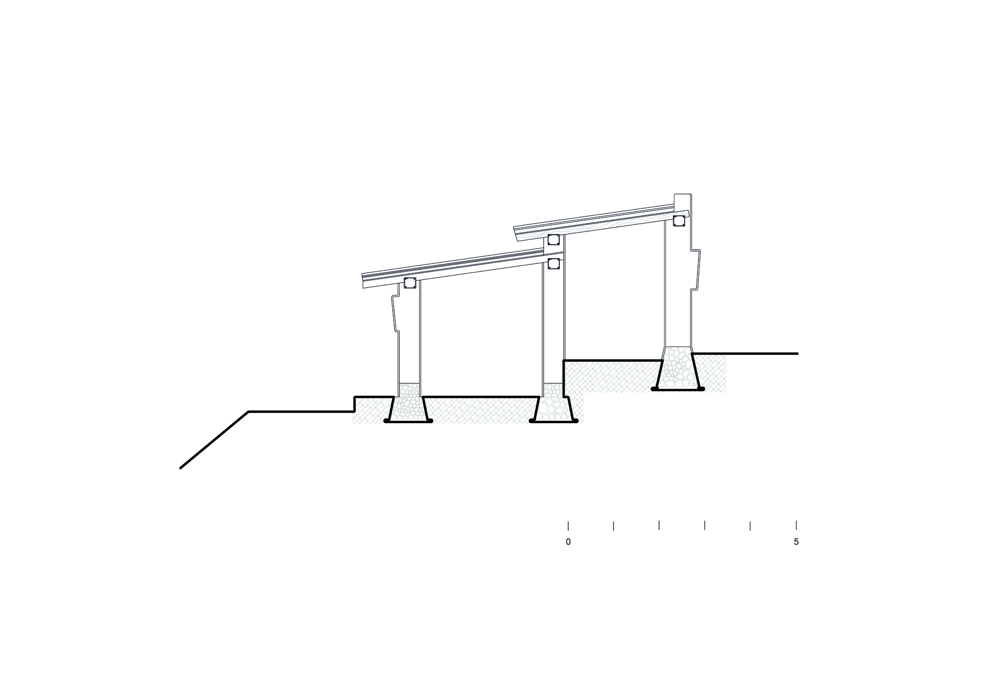 Section drawing showing sloped roof supported by three tapered columns on stepped terrain