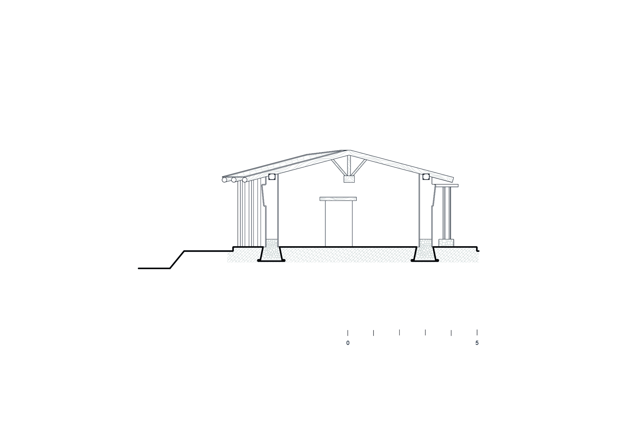 Section drawing showing gabled roof structure with central truss and columns on hatched foundation