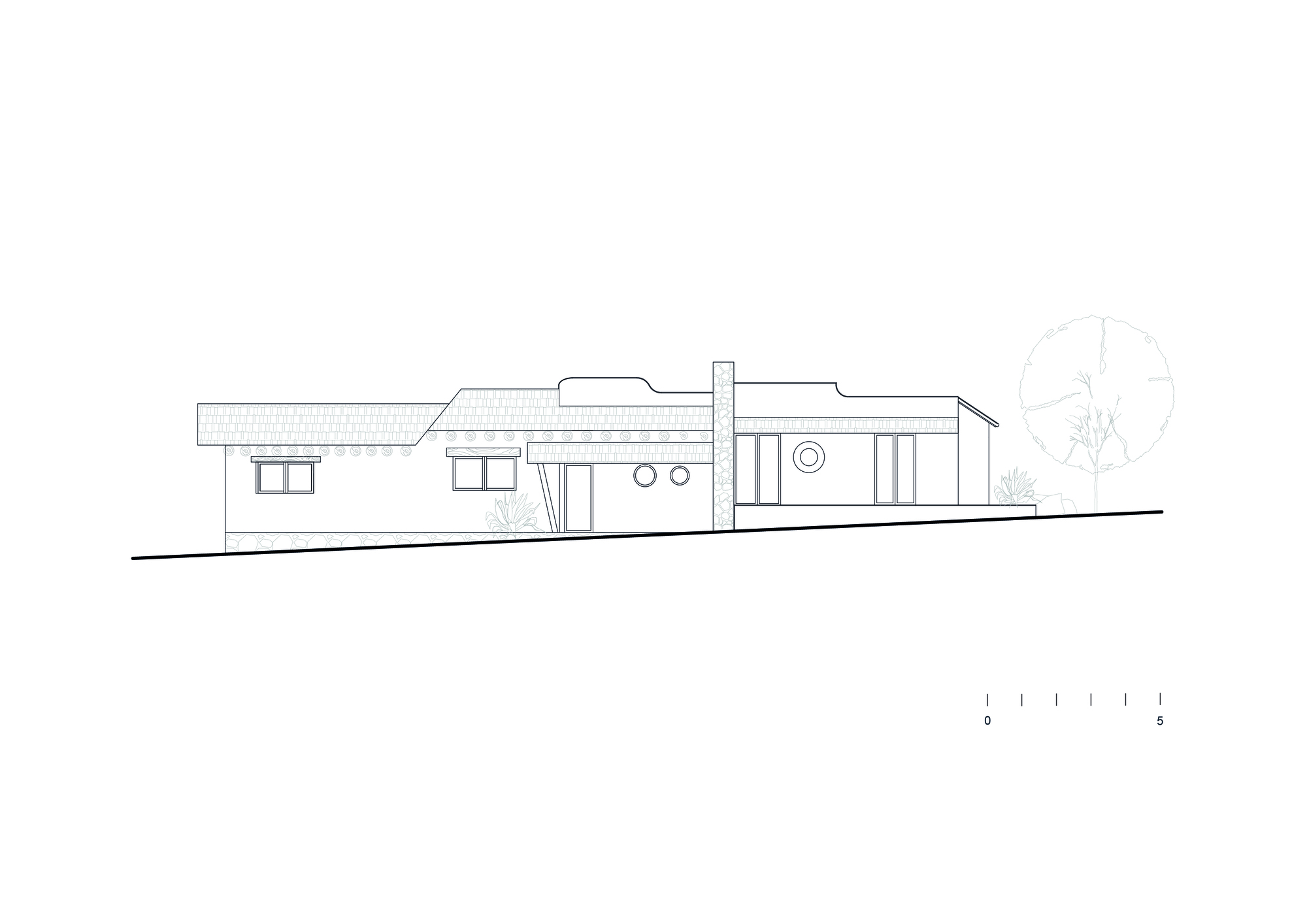 Elevation drawing showing low-pitched roof volumes with circular and rectangular windows and a tree