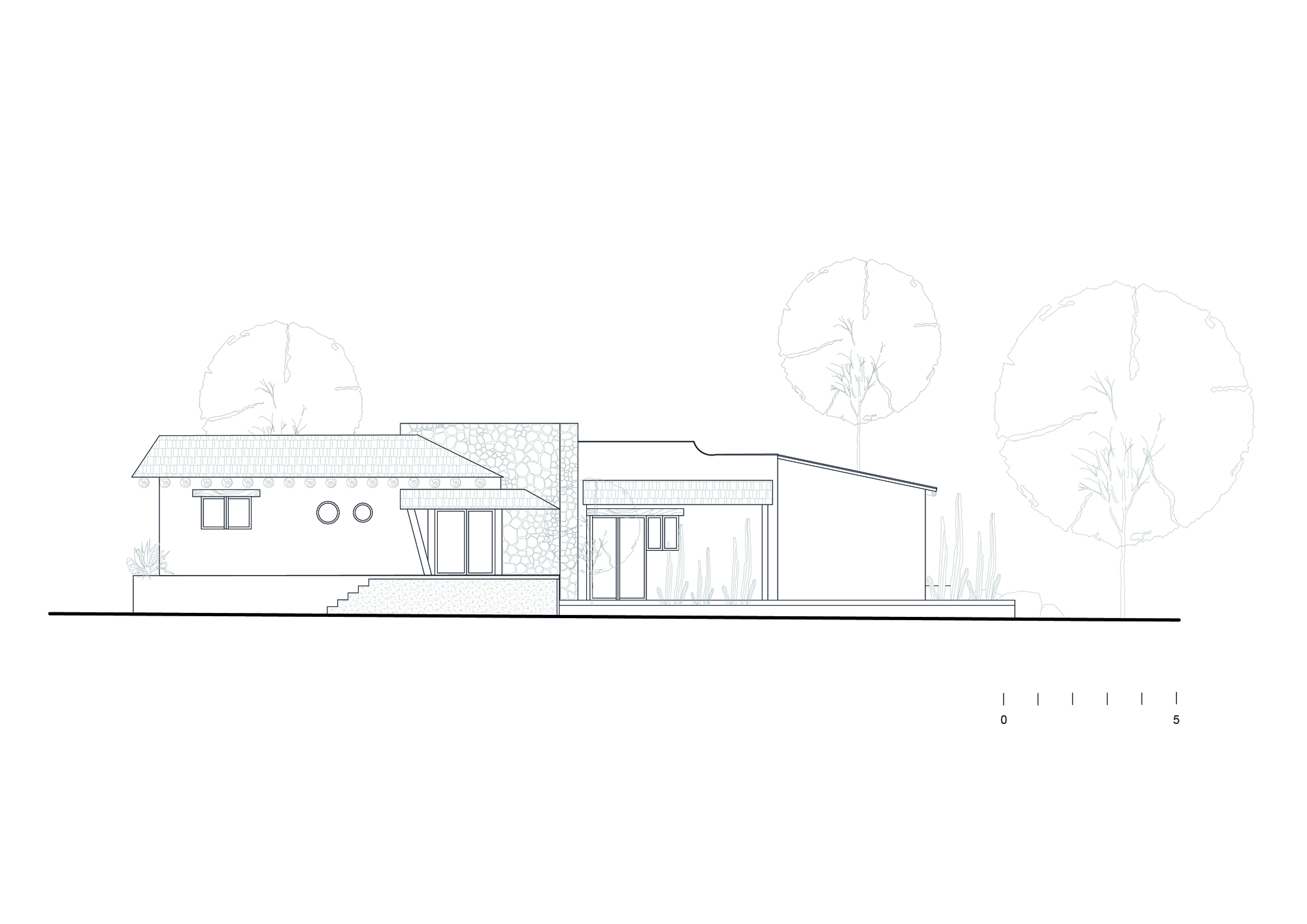 Elevation drawing showing stepped roof forms with entrance canopy and three stylized trees
