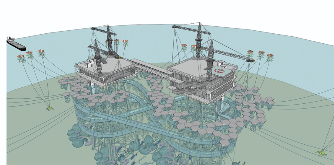 Aerial perspective showcasing interconnected reef networks, underwater observation routes, and ecological infrastructure around the platform.