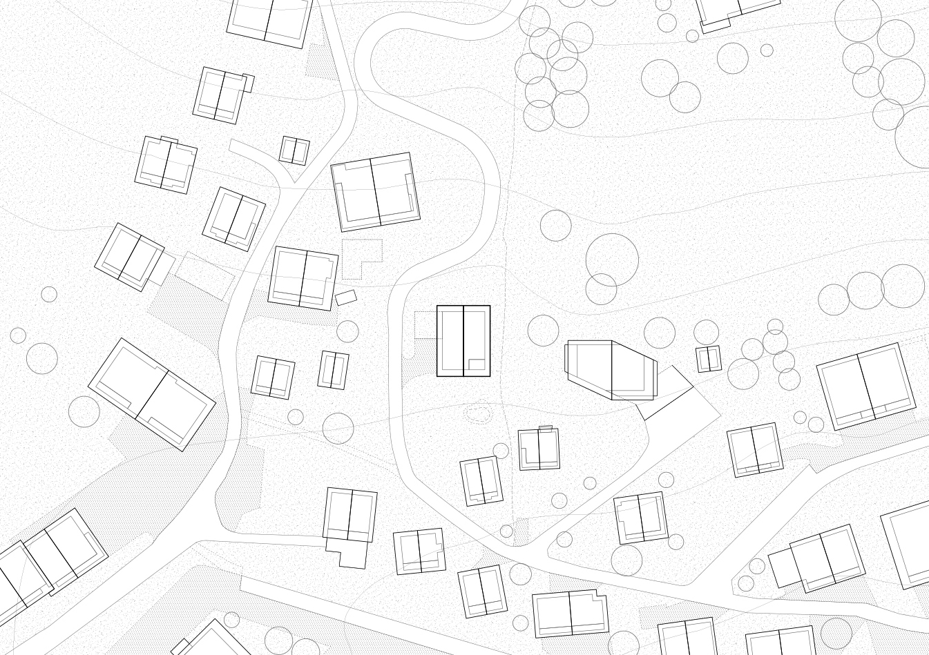 Site plan drawing showing scattered rectangular building footprints along a curving road with trees indicated by circles