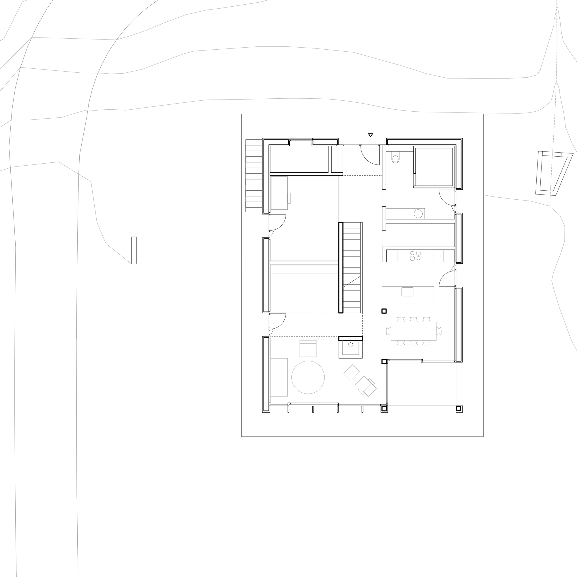 Floor plan drawing showing a square layout with central core, bedrooms, bathroom and open living dining area