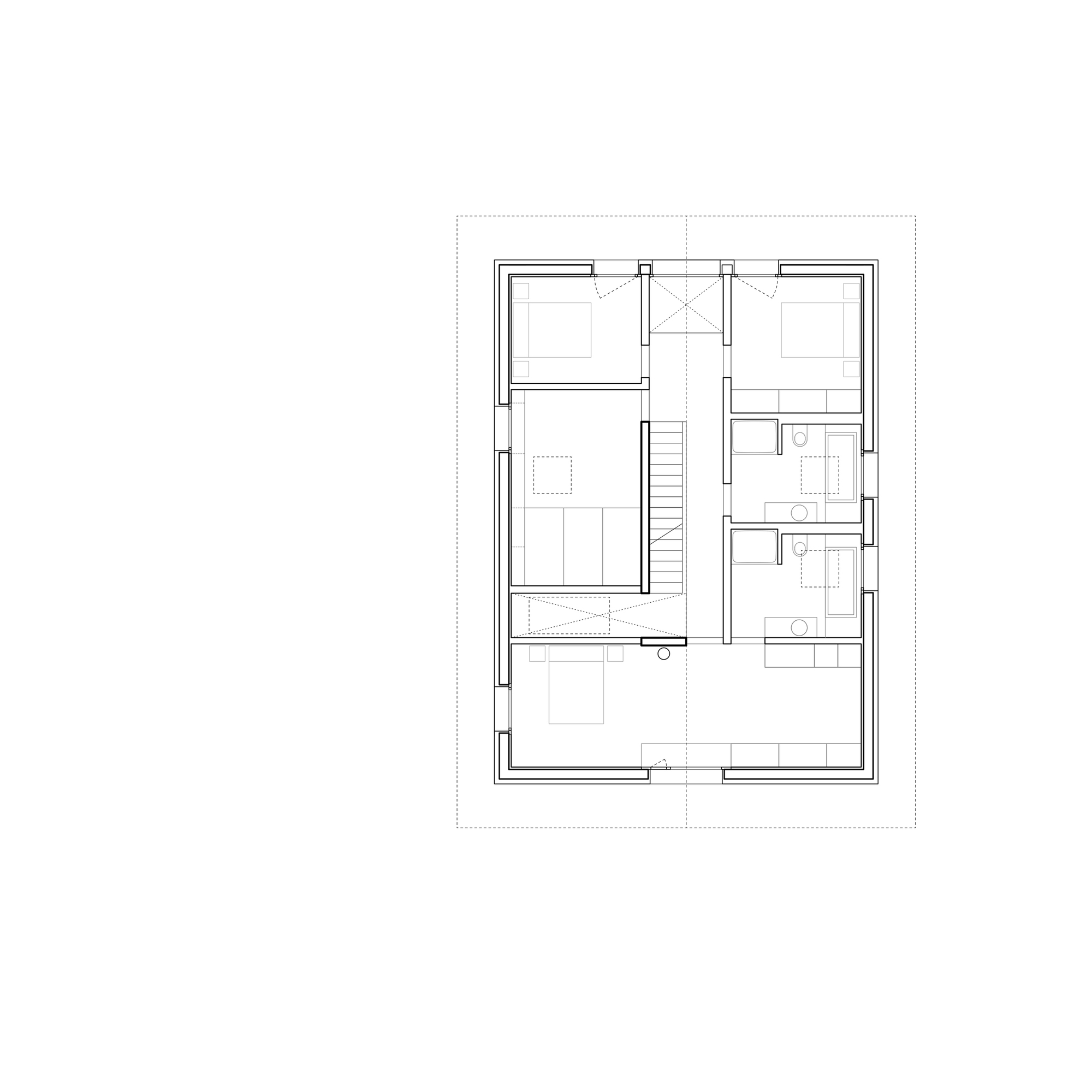 Floor plan drawing showing rectangular layout with central staircase and rooms arranged around the perimeter