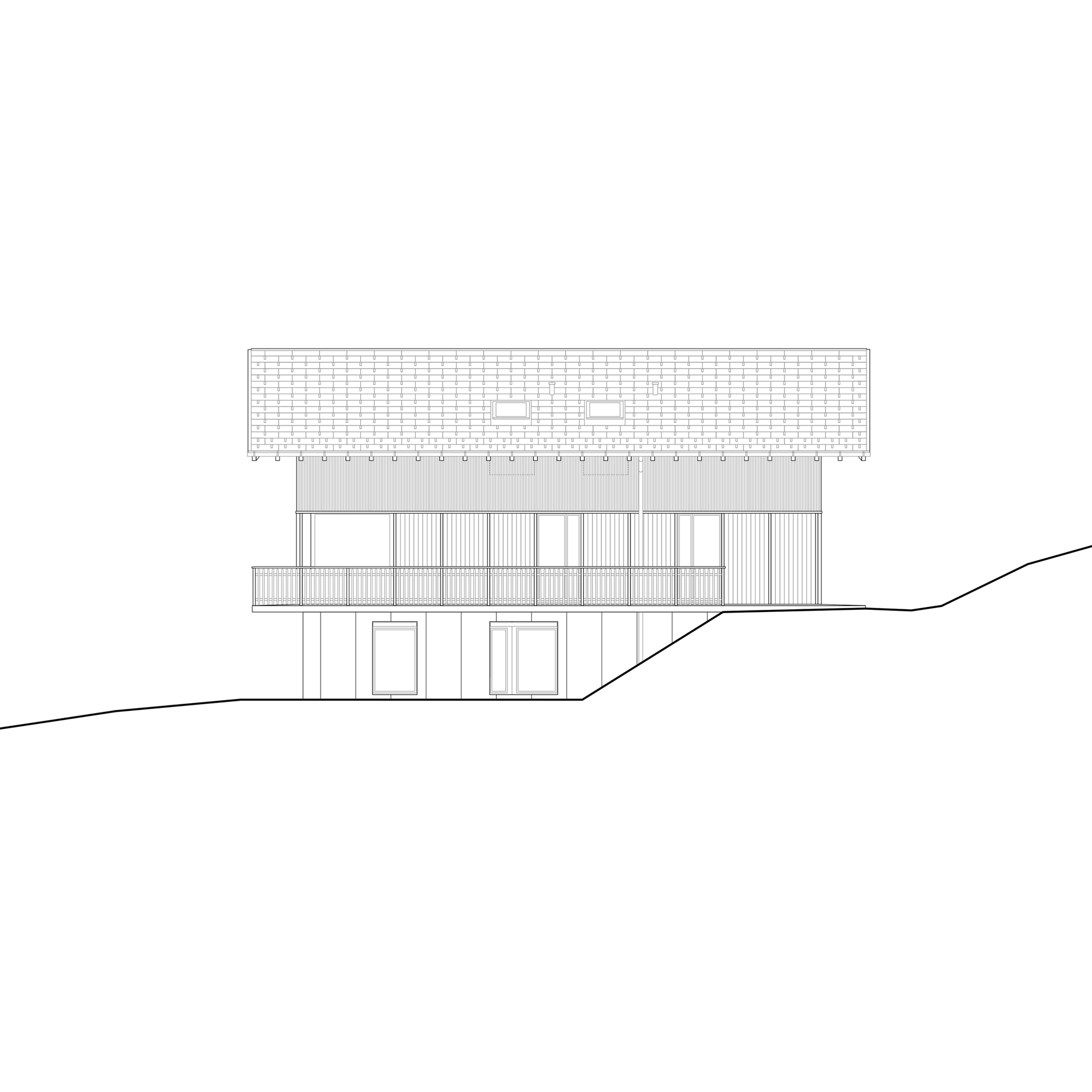 Elevation drawing showing vertical wood cladding on lower level and tiled roof with two dormers