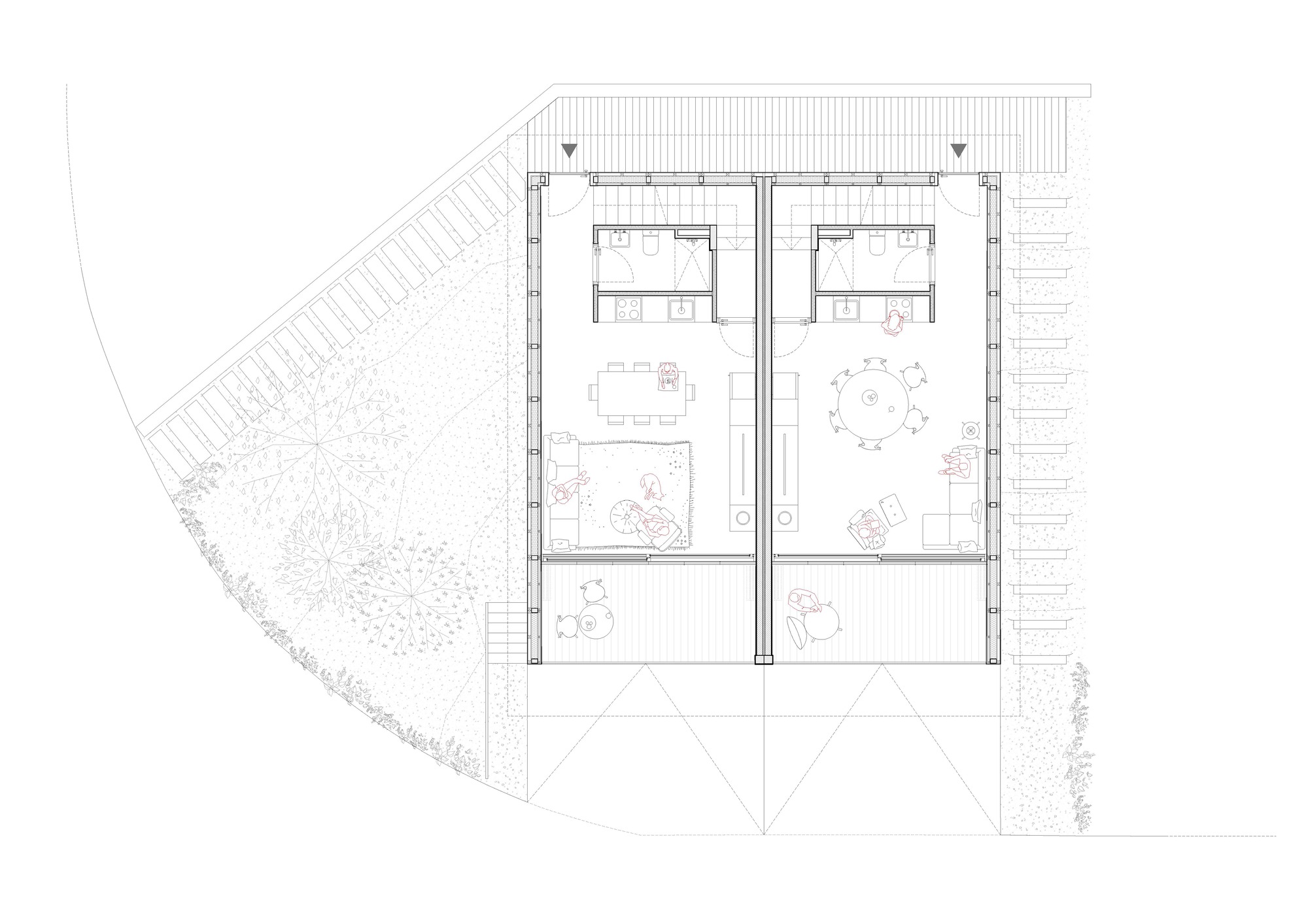 Floor plan drawing showing two residential units with angled garden courtyards and parking spaces