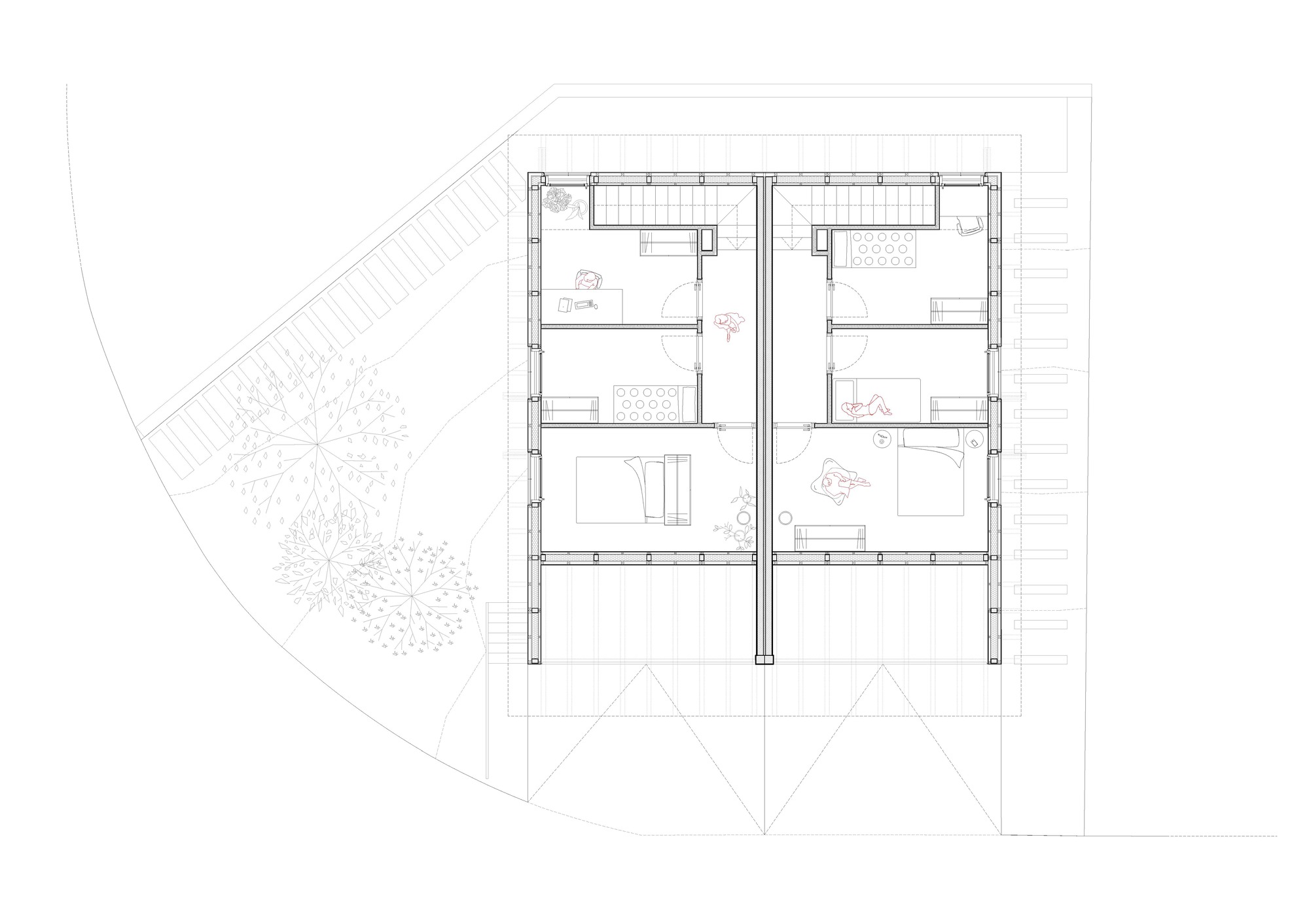 Upper floor plan drawing depicting two dwelling units with bedrooms and central circulation spine