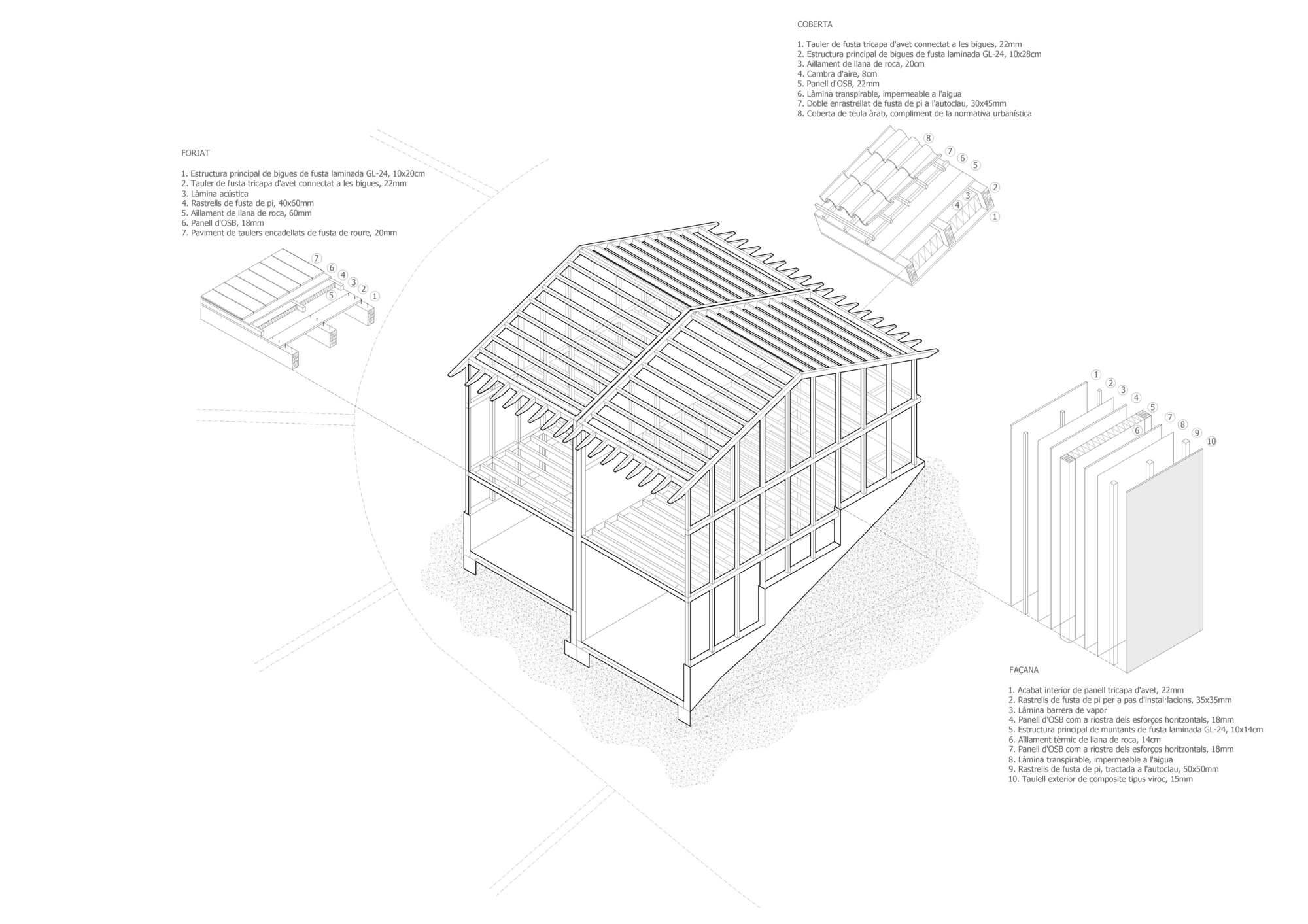 Exploded axonometric drawing showing timber frame structure, roof assembly, and wall panel components
