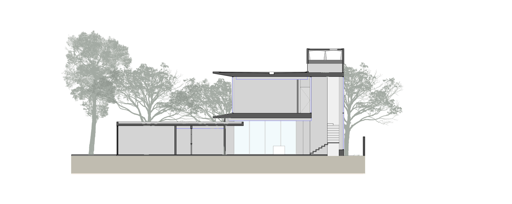 Section drawing showing a two-story residence with a roof deck among mature trees