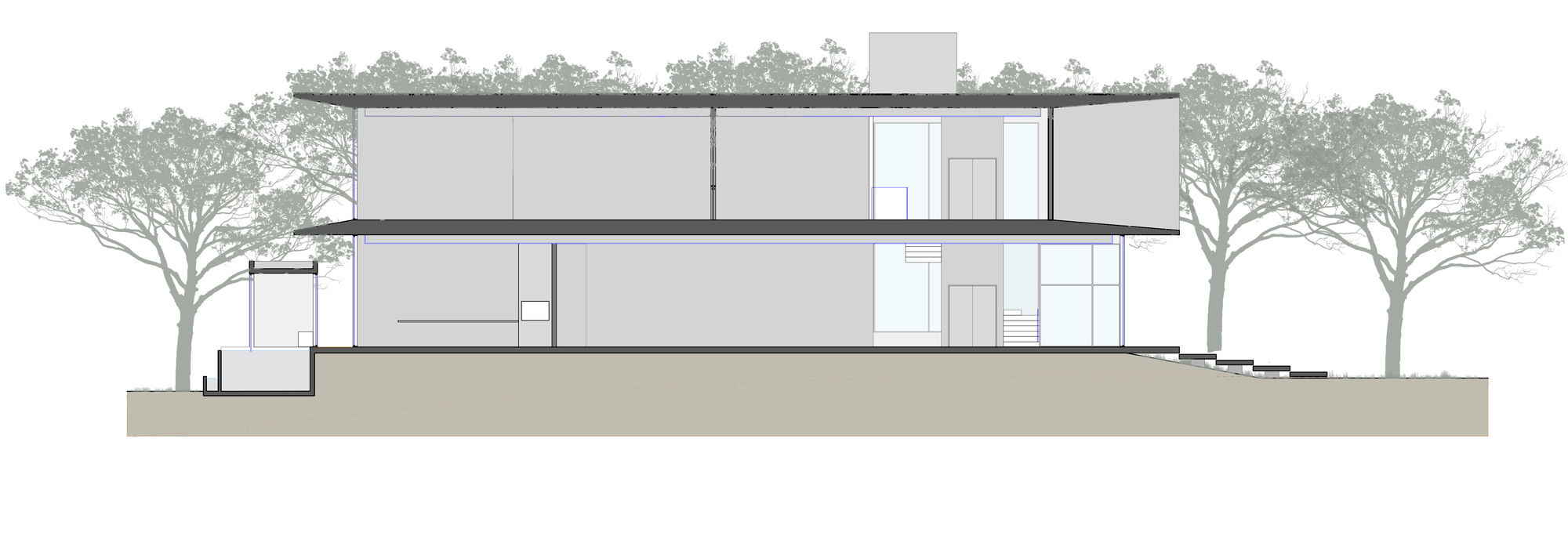 Longitudinal section drawing revealing the split-level interior spaces and cantilevered volumes