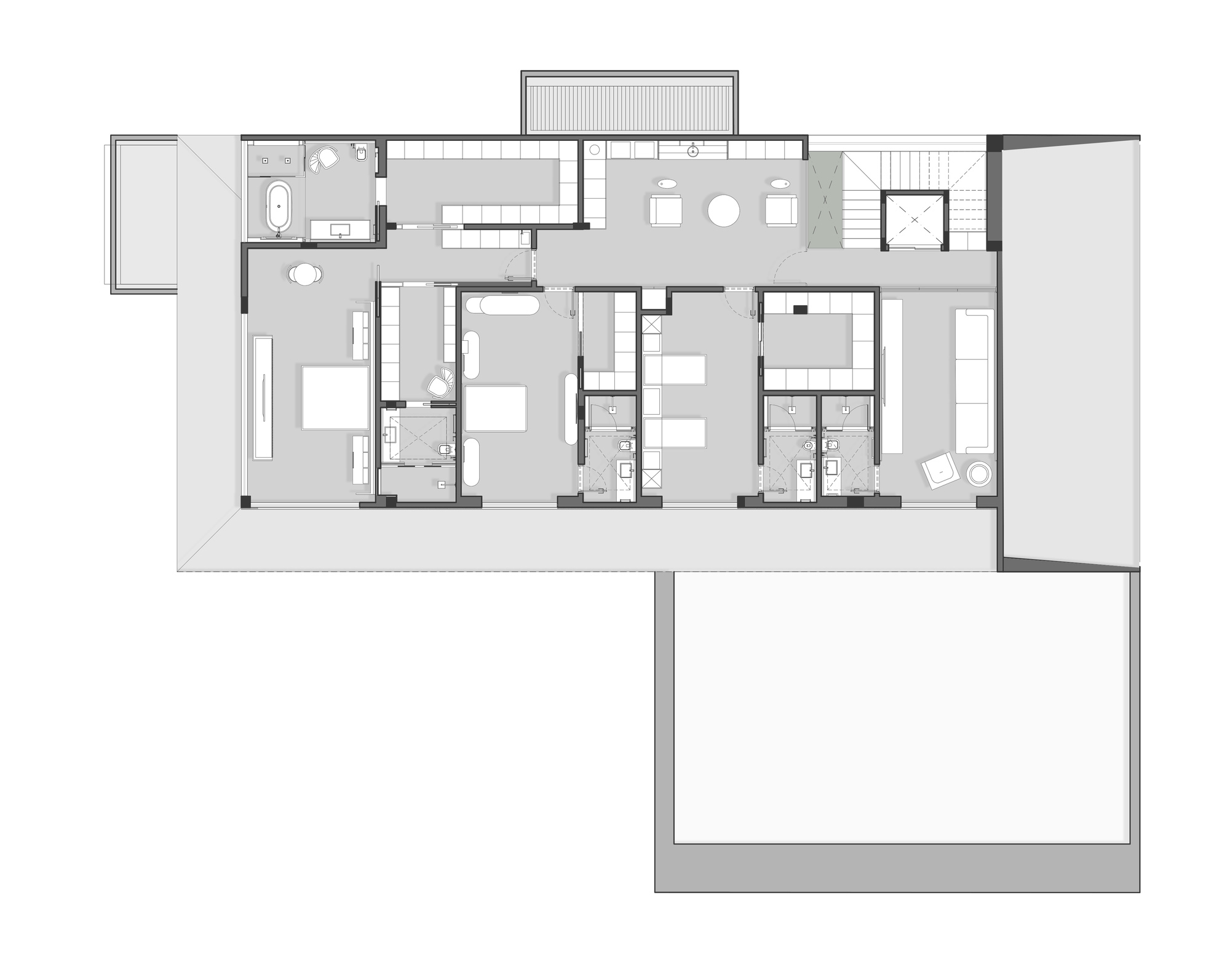 Upper floor plan showing bedroom suites and open living spaces with pool terrace