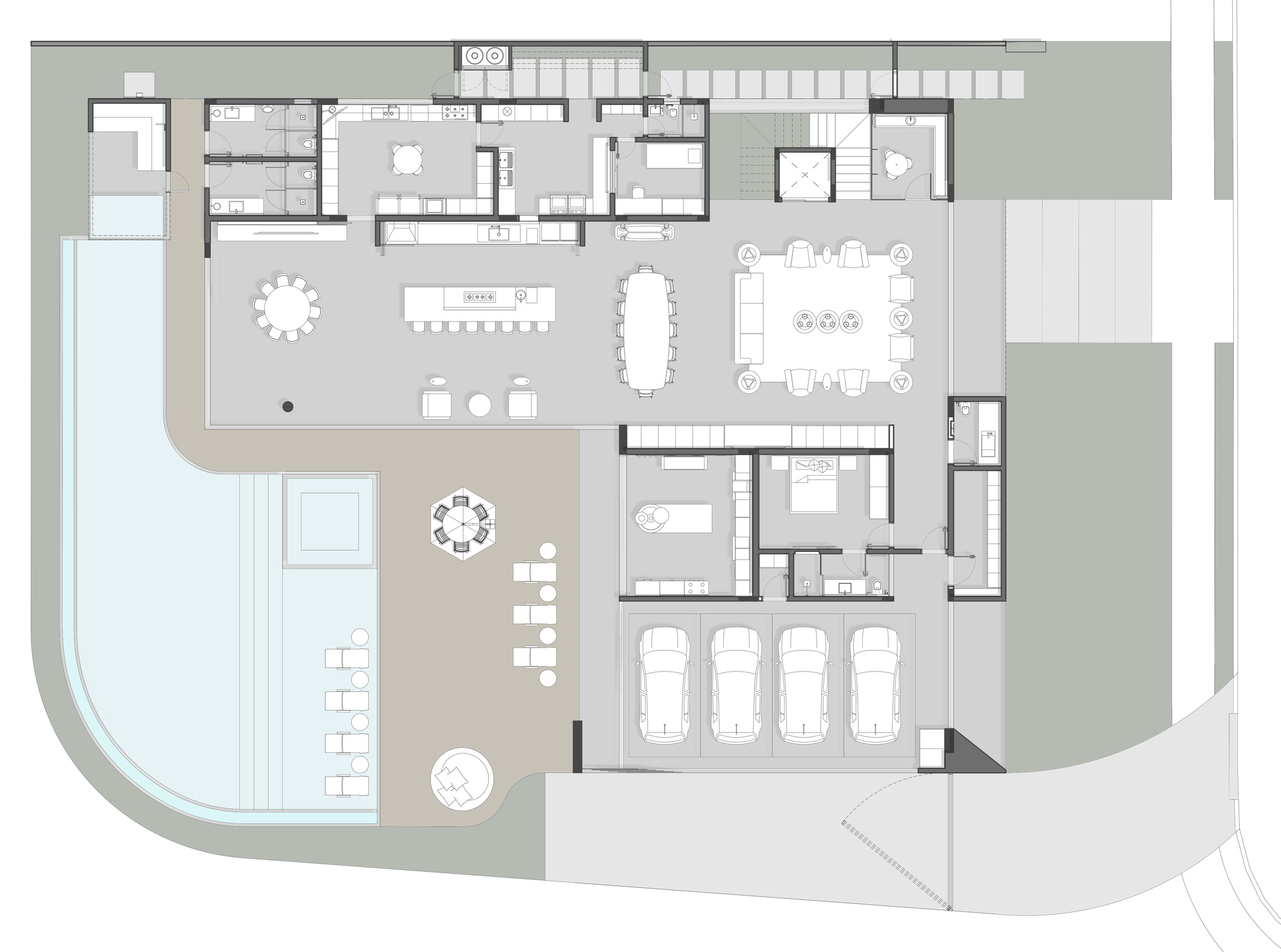 Ground floor plan with curved pool, parking garage, and open living areas