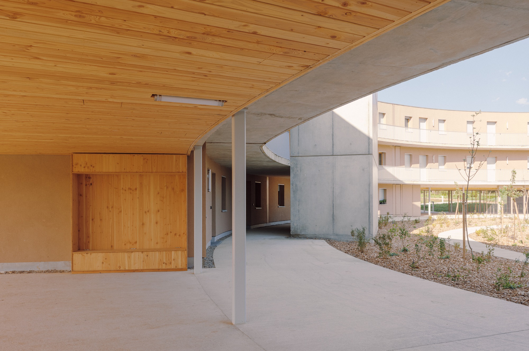 Ground floor walkway with timber ceiling, concrete beam and curved concrete wall framing the courtyard beyond