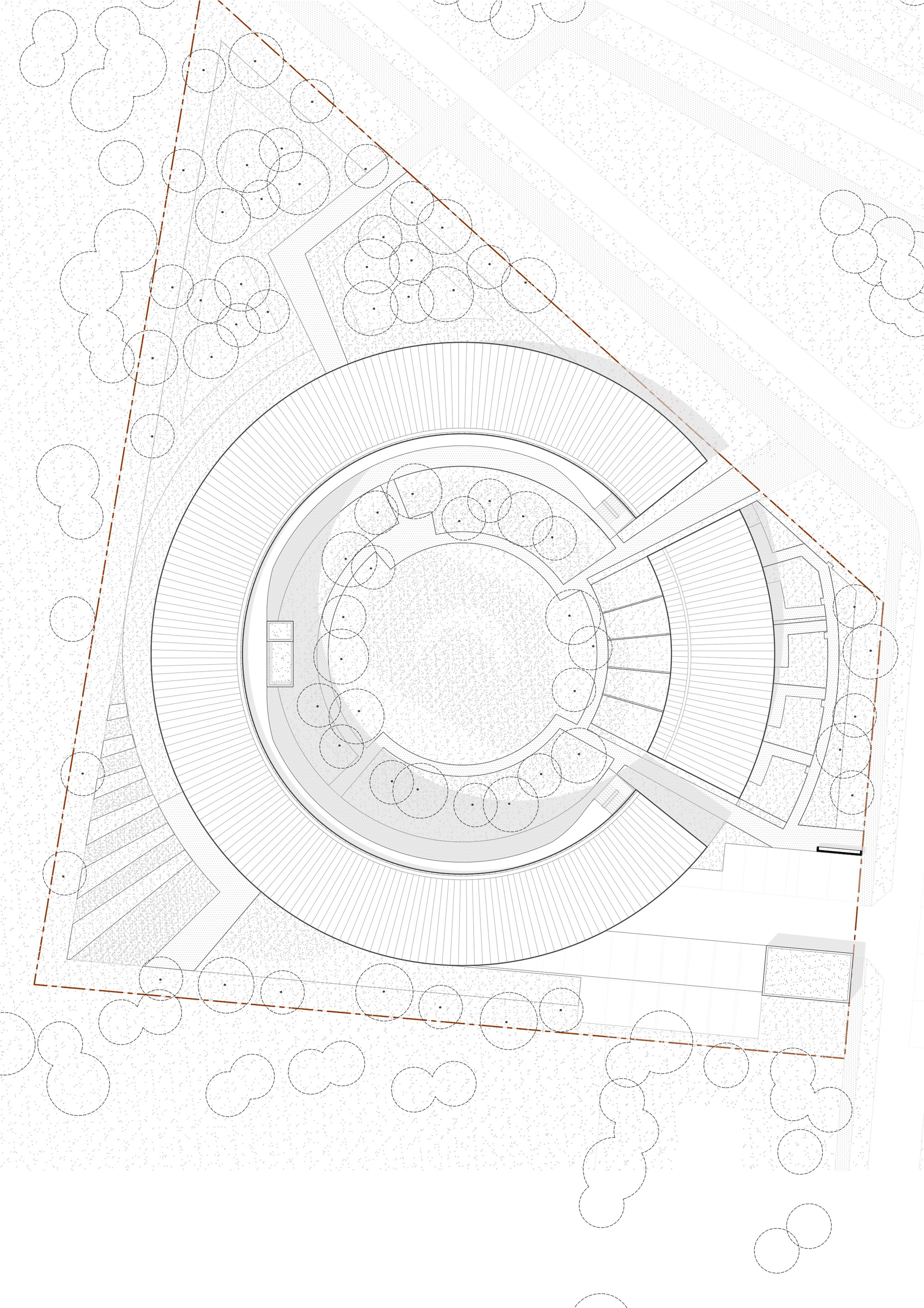 Site plan drawing showing the curved building form with central courtyard and surrounding landscape