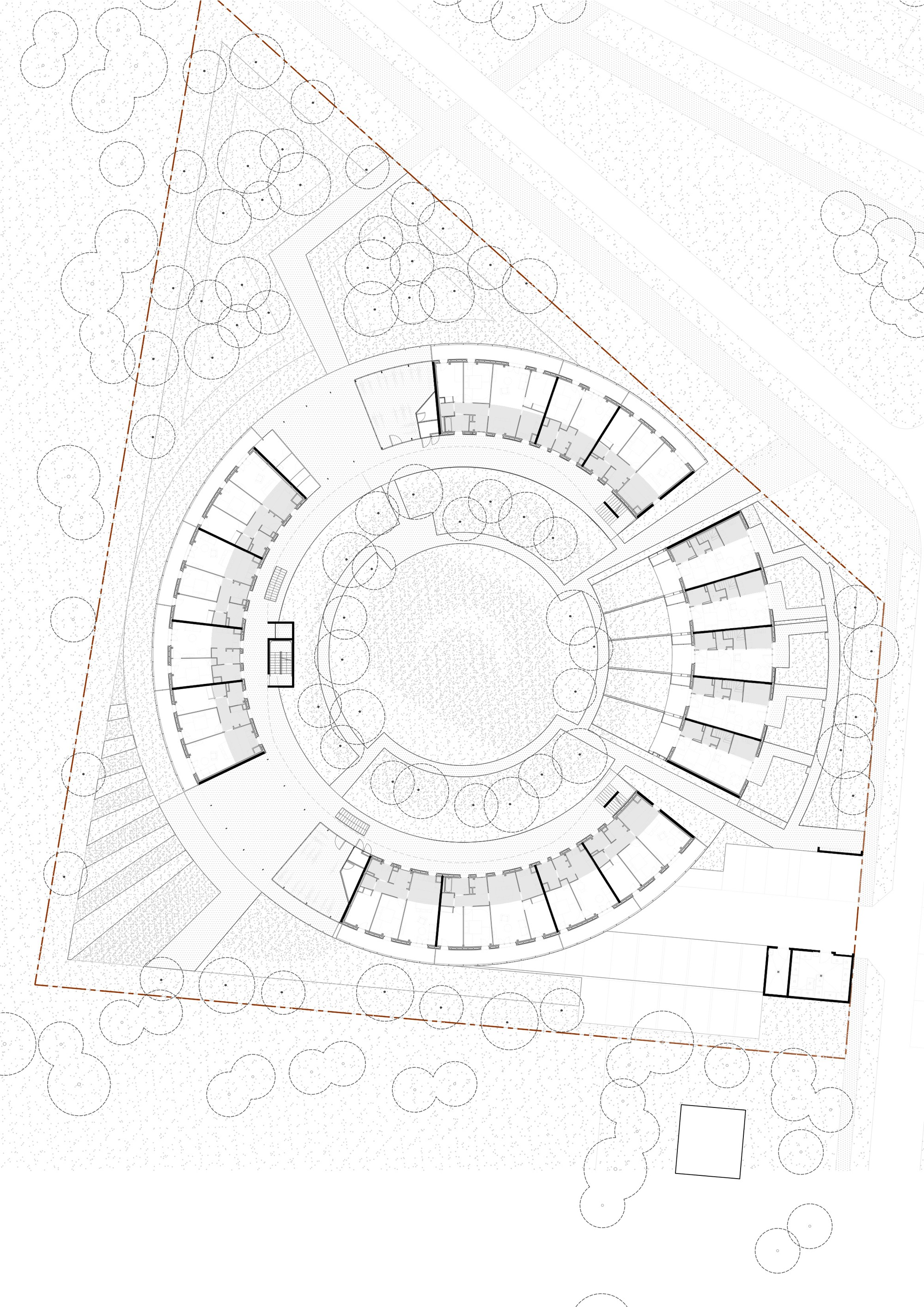 Floor plan drawing showing the circular courtyard ringed by radiating units and landscape on a triangular site
