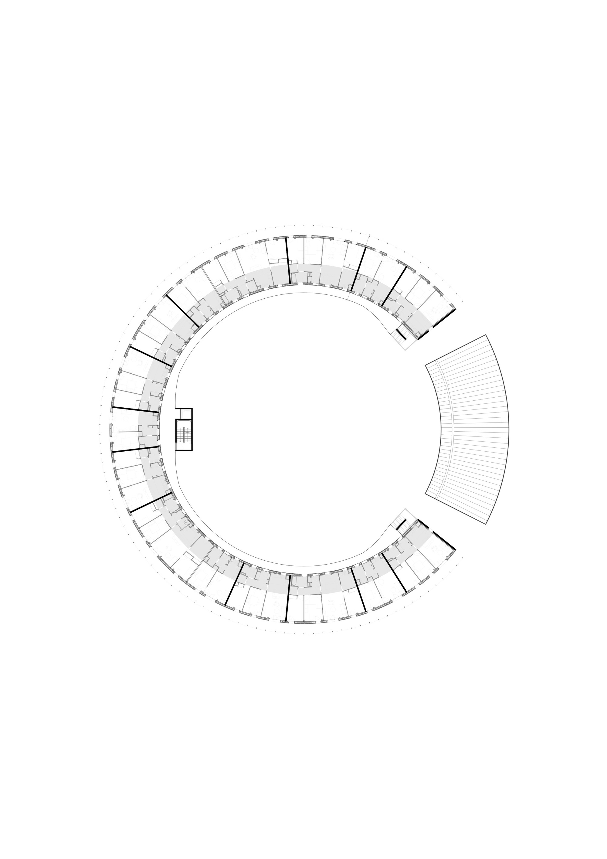 Floor plan drawing showing the circular residential layout with a cantilevered terrace segment at one side
