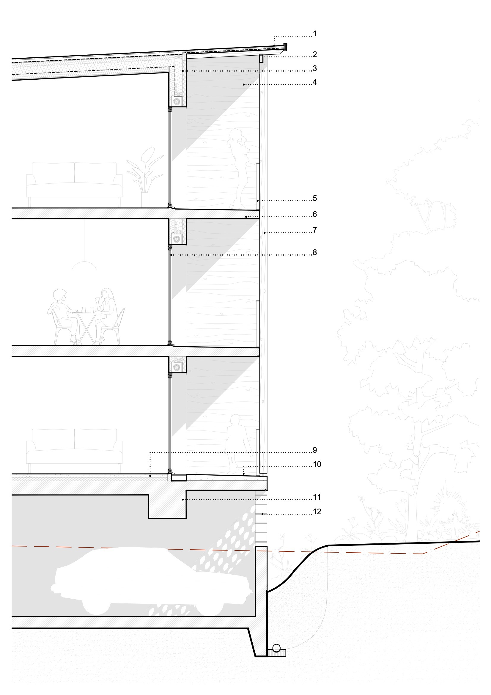 Section drawing showing the multi-story facade detail with floor slabs and a ground-level water feature