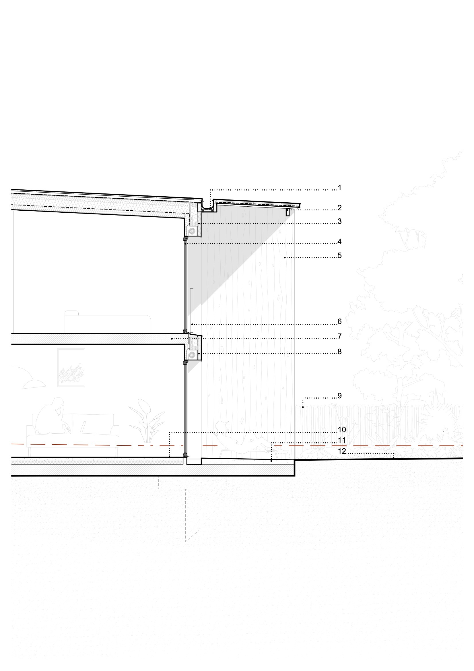 Section drawing showing the two-story facade assembly with roof detail and planted grade level