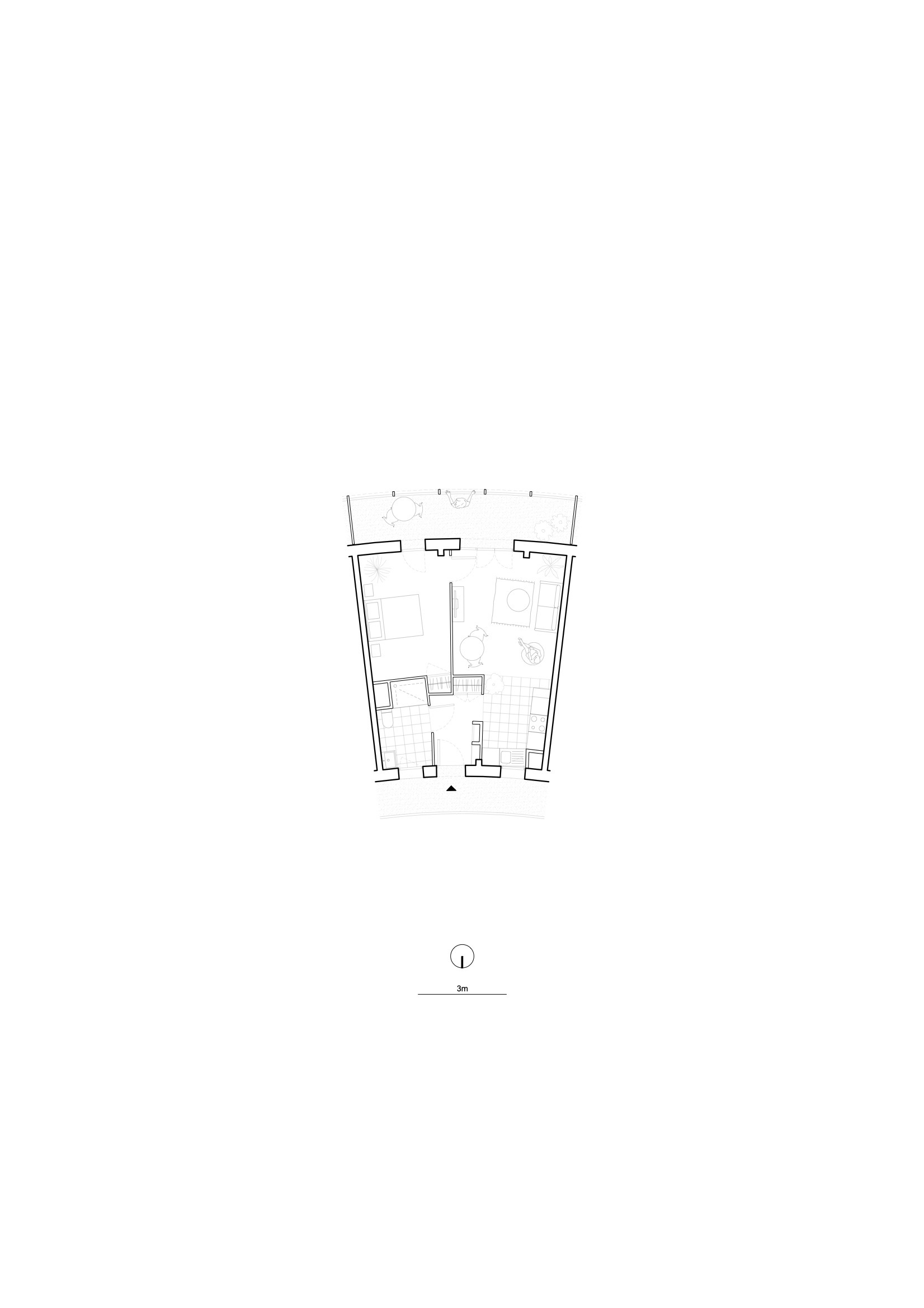 Floor plan drawing showing a tapered unit with living spaces and bathroom arranged around a central core