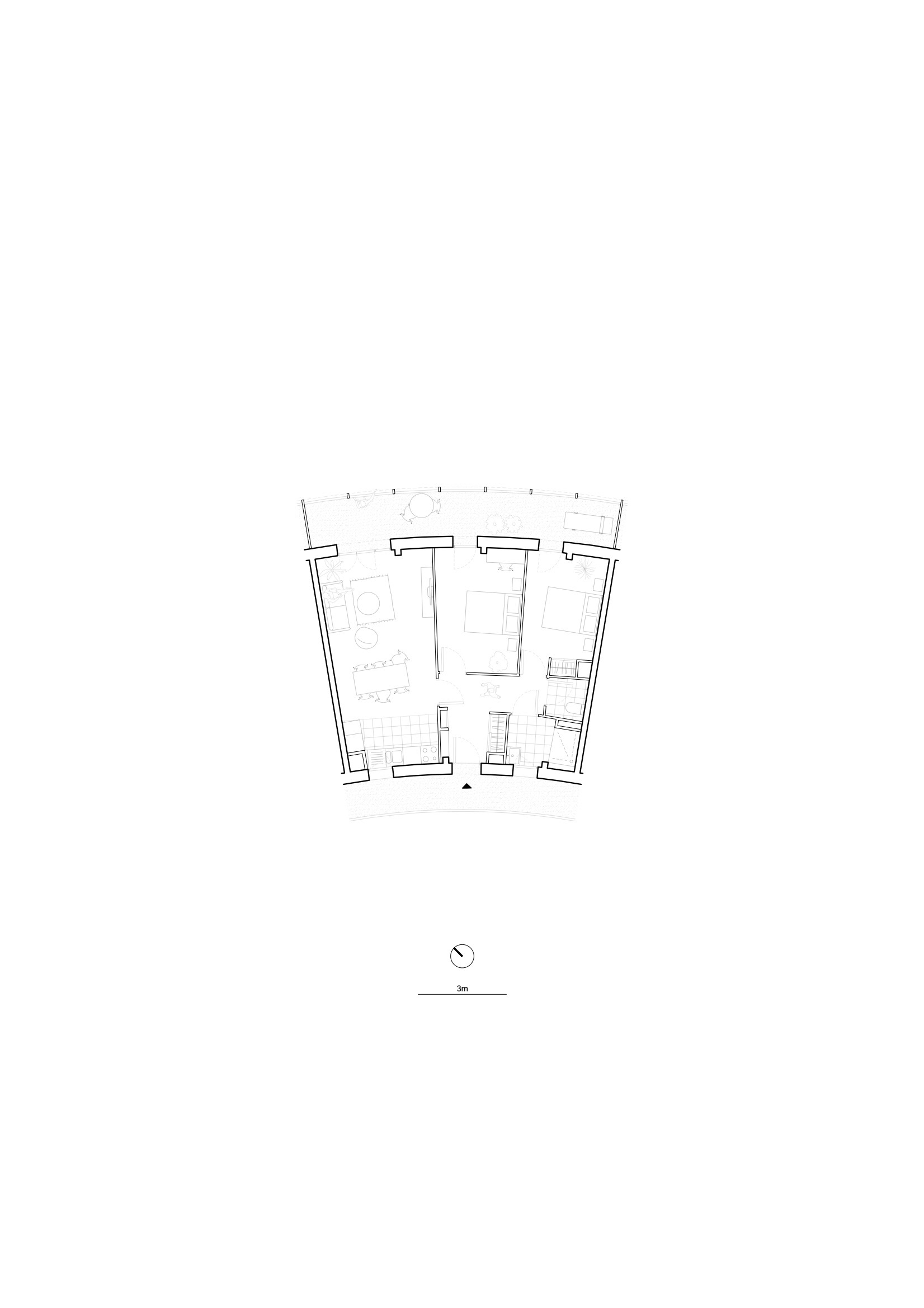 Floor plan drawing showing a residential unit with angled exterior walls and tiled bathroom zones