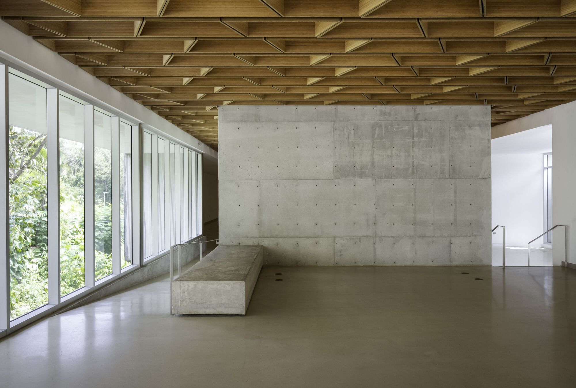Interior space with exposed timber ceiling beams, concrete wall, continuous glazing overlooking trees, and built-in concrete bench