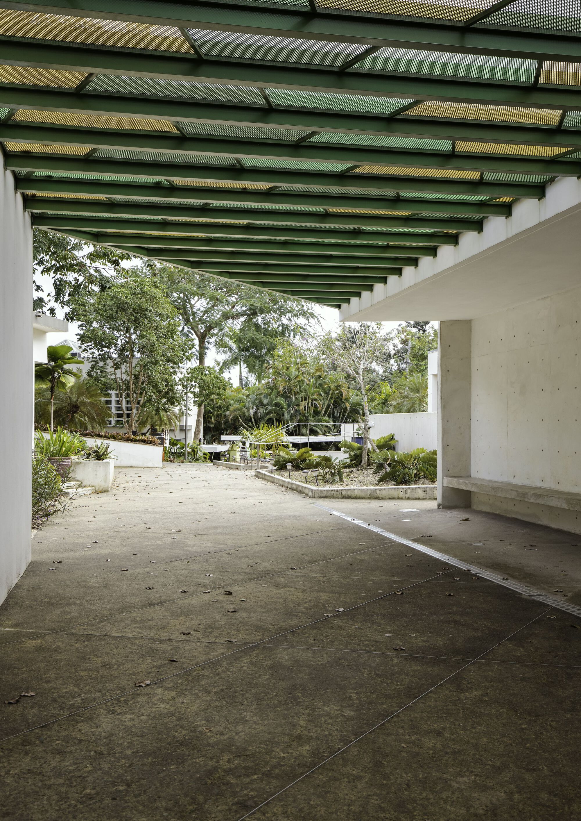 View through covered passage toward landscaped courtyard with planted beds and mature trees