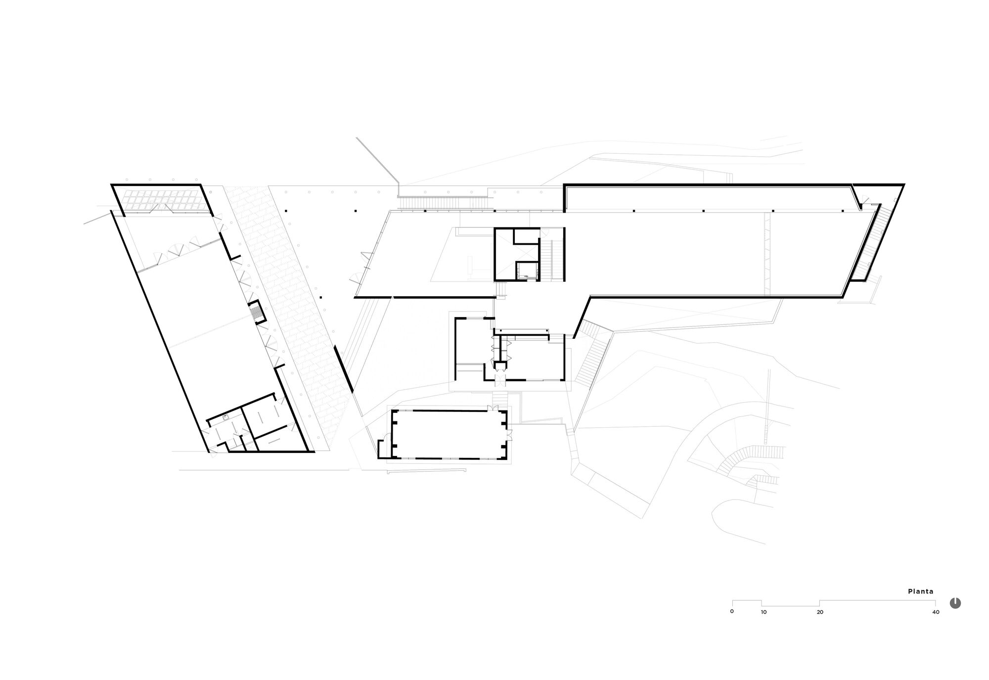 Site plan drawing showing three angled building volumes arranged around central courtyards with landscape elements