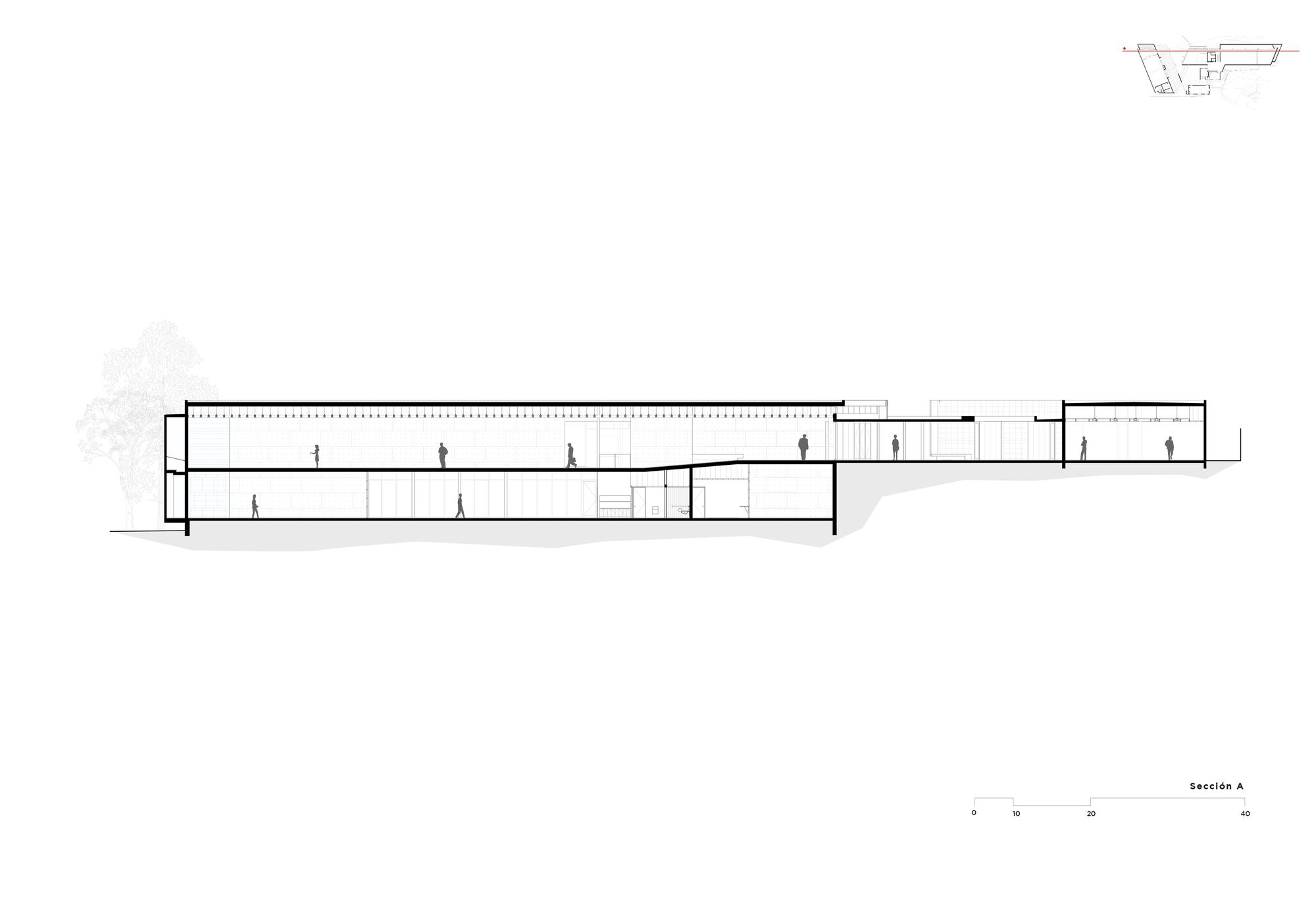 Section drawing showing a long two-story gallery space with figures and an adjacent stairwell
