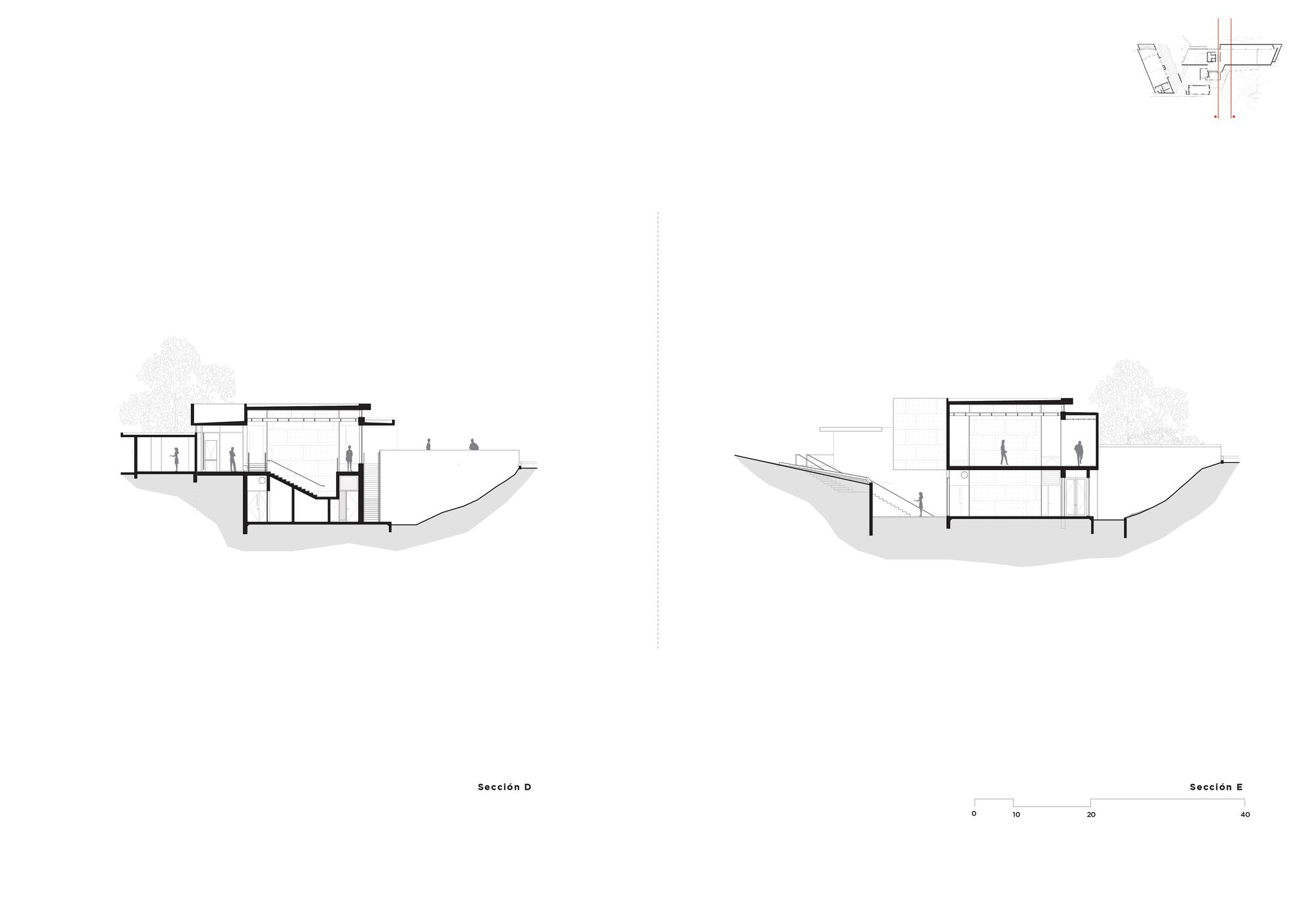 Two section drawings showing staircases connecting levels within the volumes on sloping ground