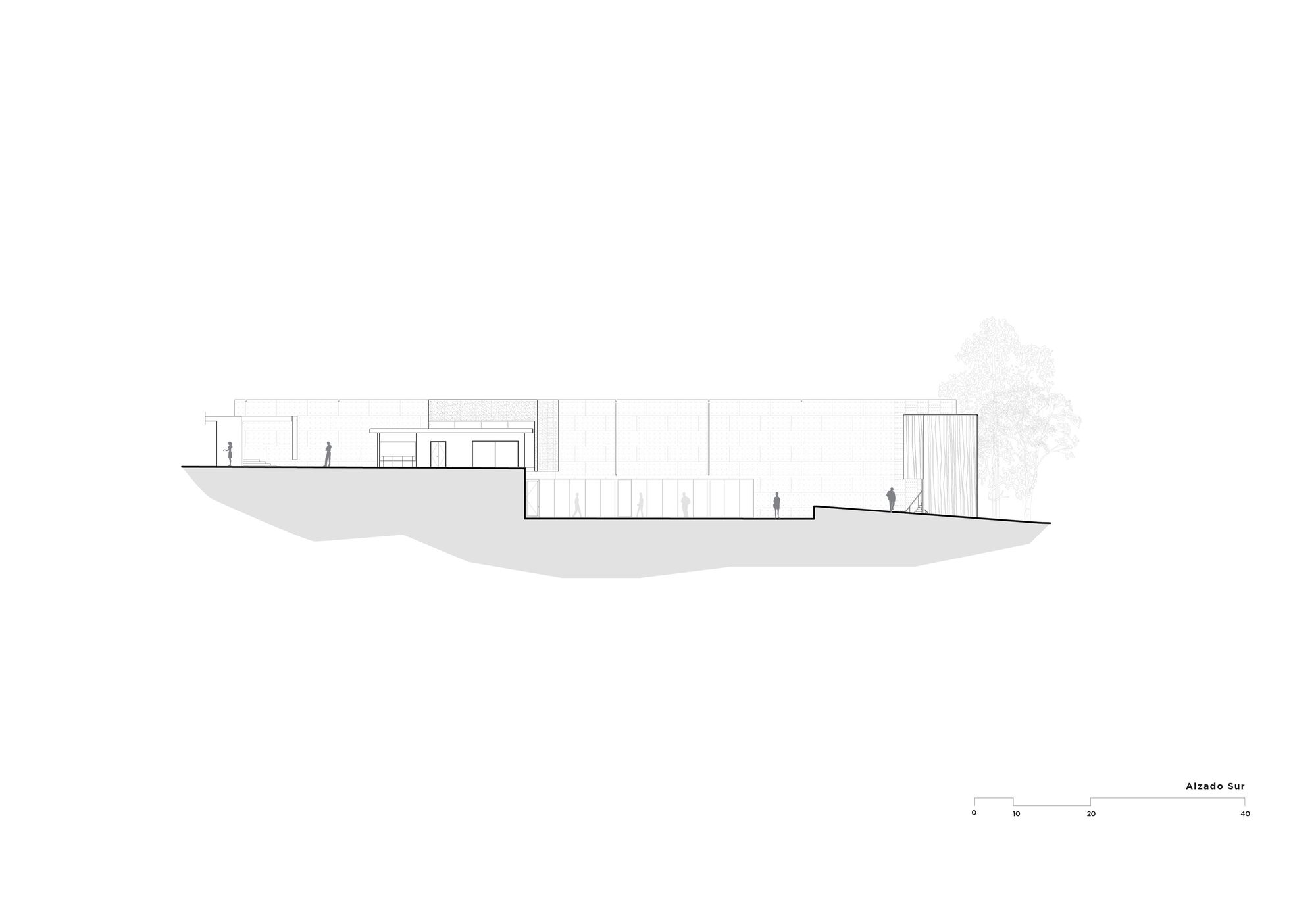 Longitudinal section drawing showing a series of volumes embedded into undulating ground with figures for scale