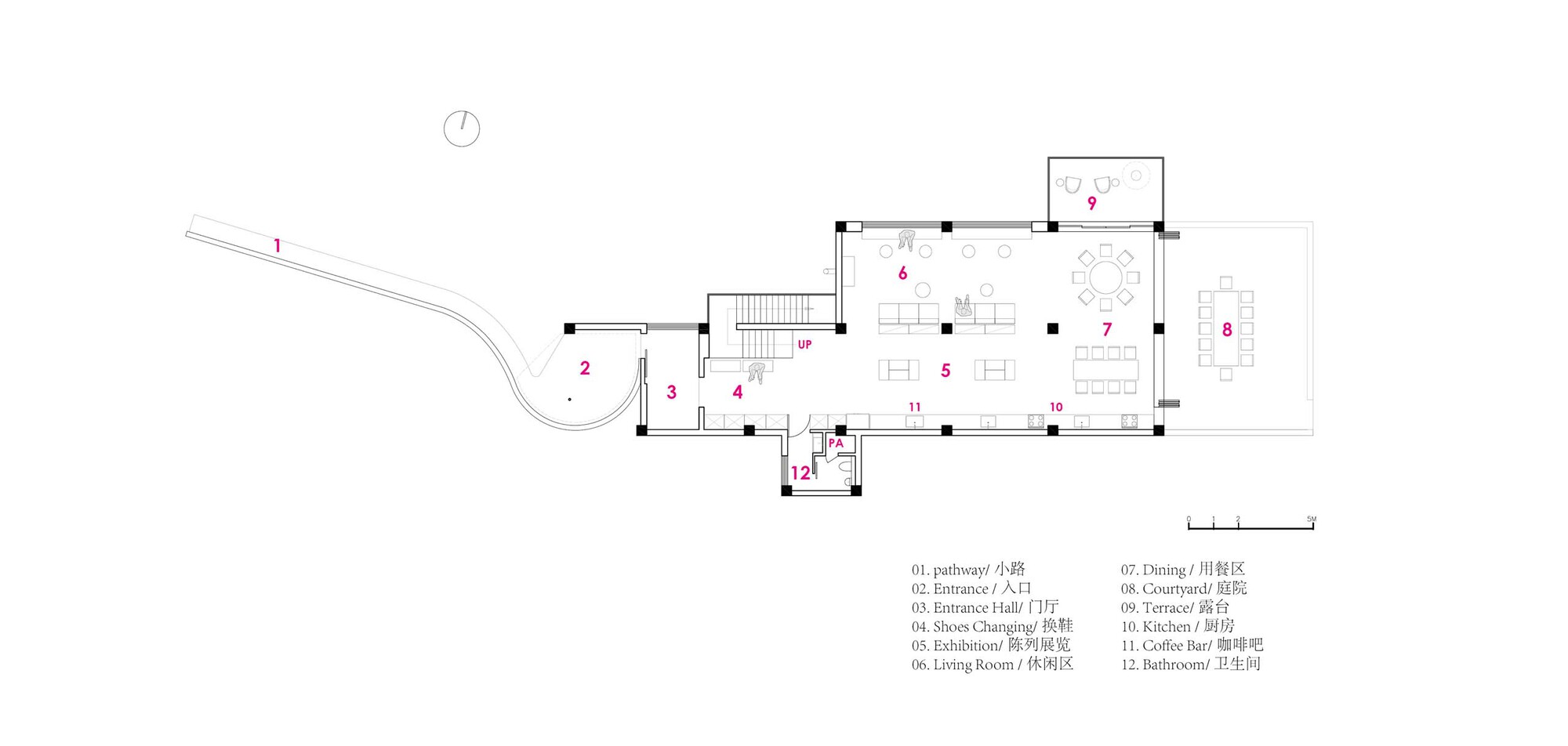 Floor plan drawing showing the public spaces radiating from a central stair and entrance hall